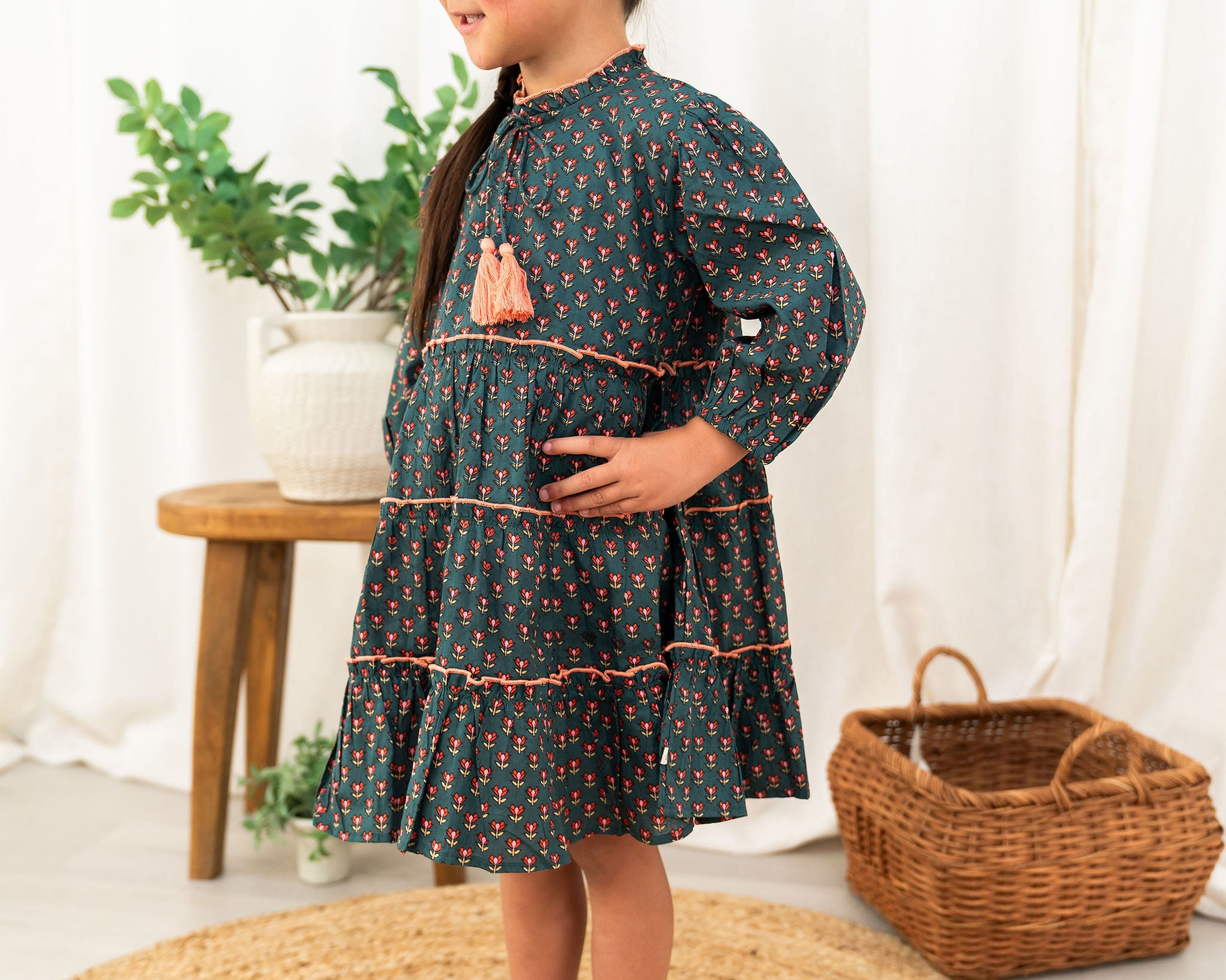 Viverano Jasmine Layered Girl Dress - Forest Green (Organic Cotton) - Detail View