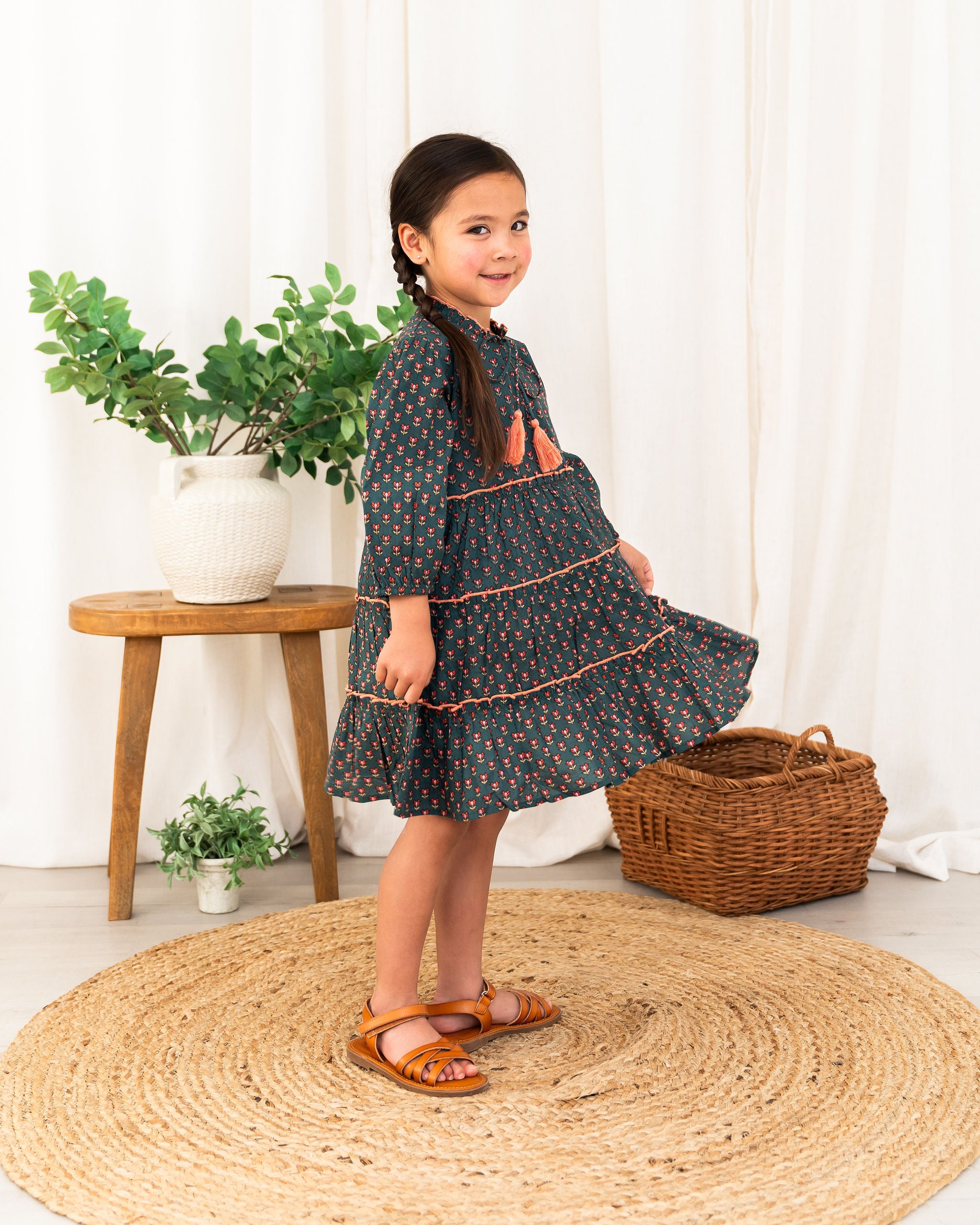 Viverano Jasmine Layered Girl Dress - Forest Green (Organic Cotton) - Side View