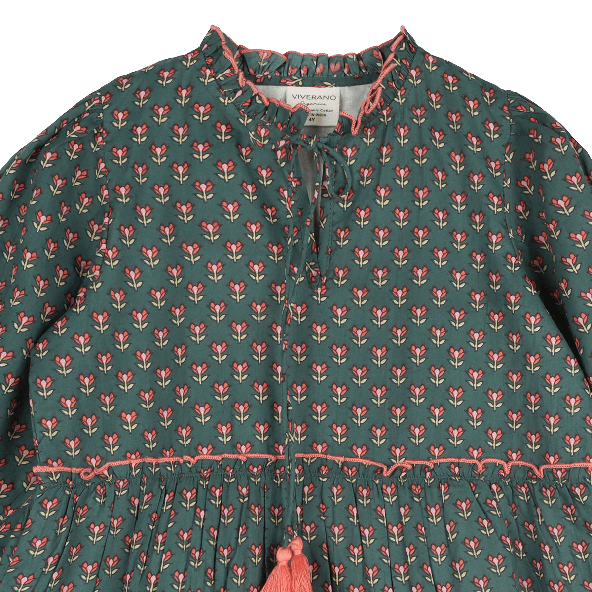 Jasmine Layered Girl Dress - Forest Green (Organic Cotton) - Detail