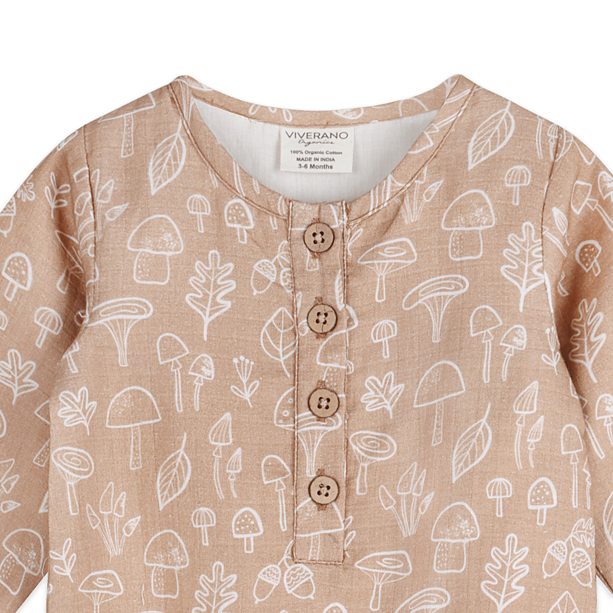 Mushroom Button Front Baby Jumpsuit (Organic Muslin) - Detail