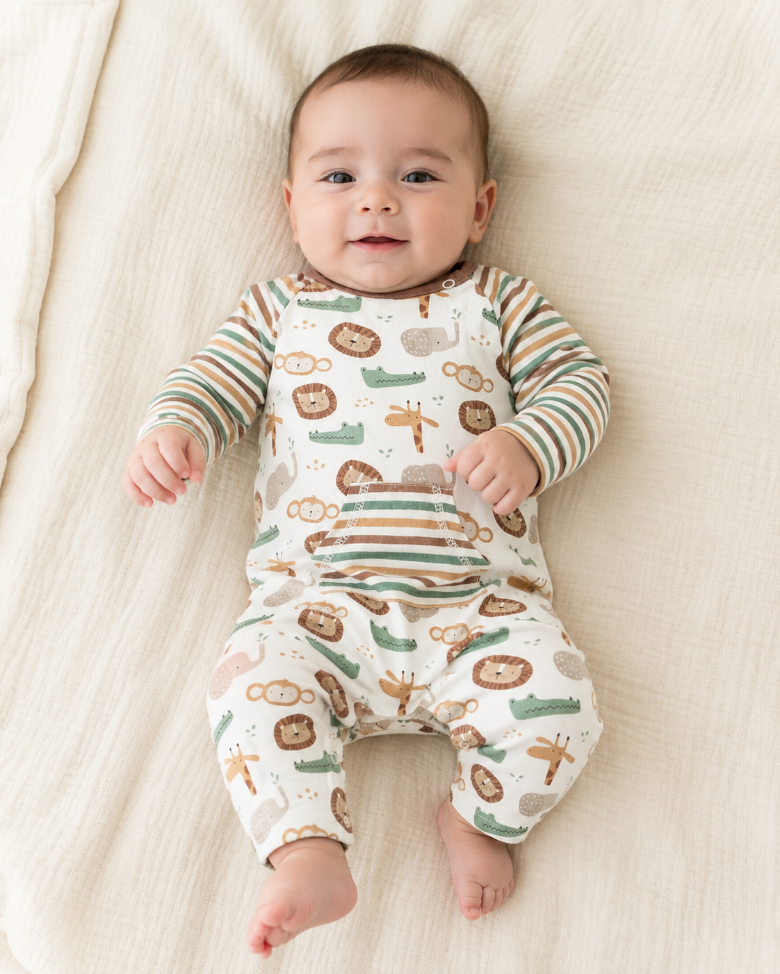 Baby Wearing Safari Animals Kangaroo Pocket Baby Jumpsuit, Organic Jersey by Viverano
