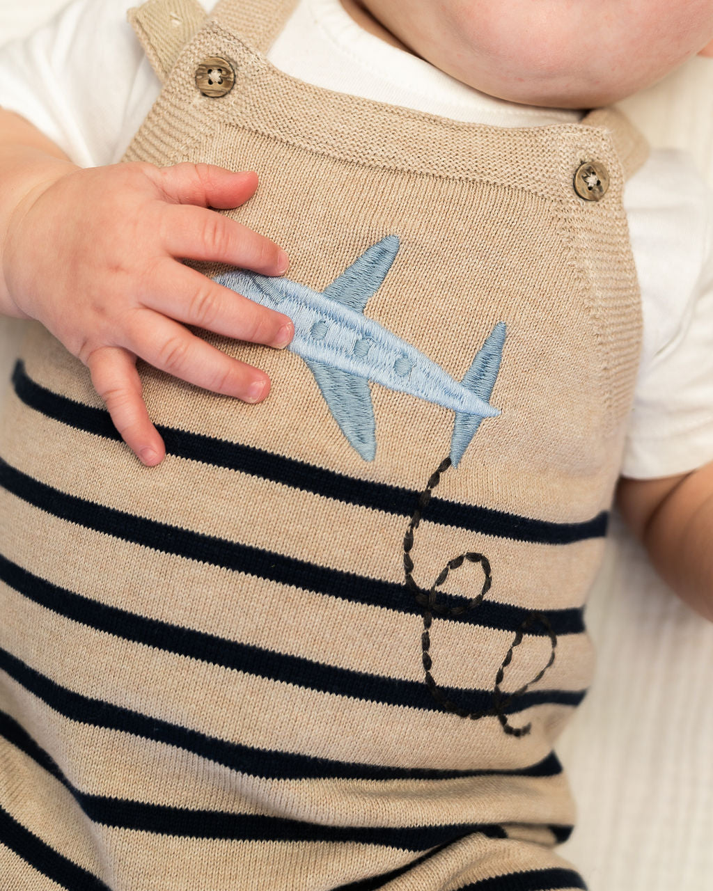 Airplane Stripe Embroidered Baby Knit Romper Set (Organic Cotton) - Model