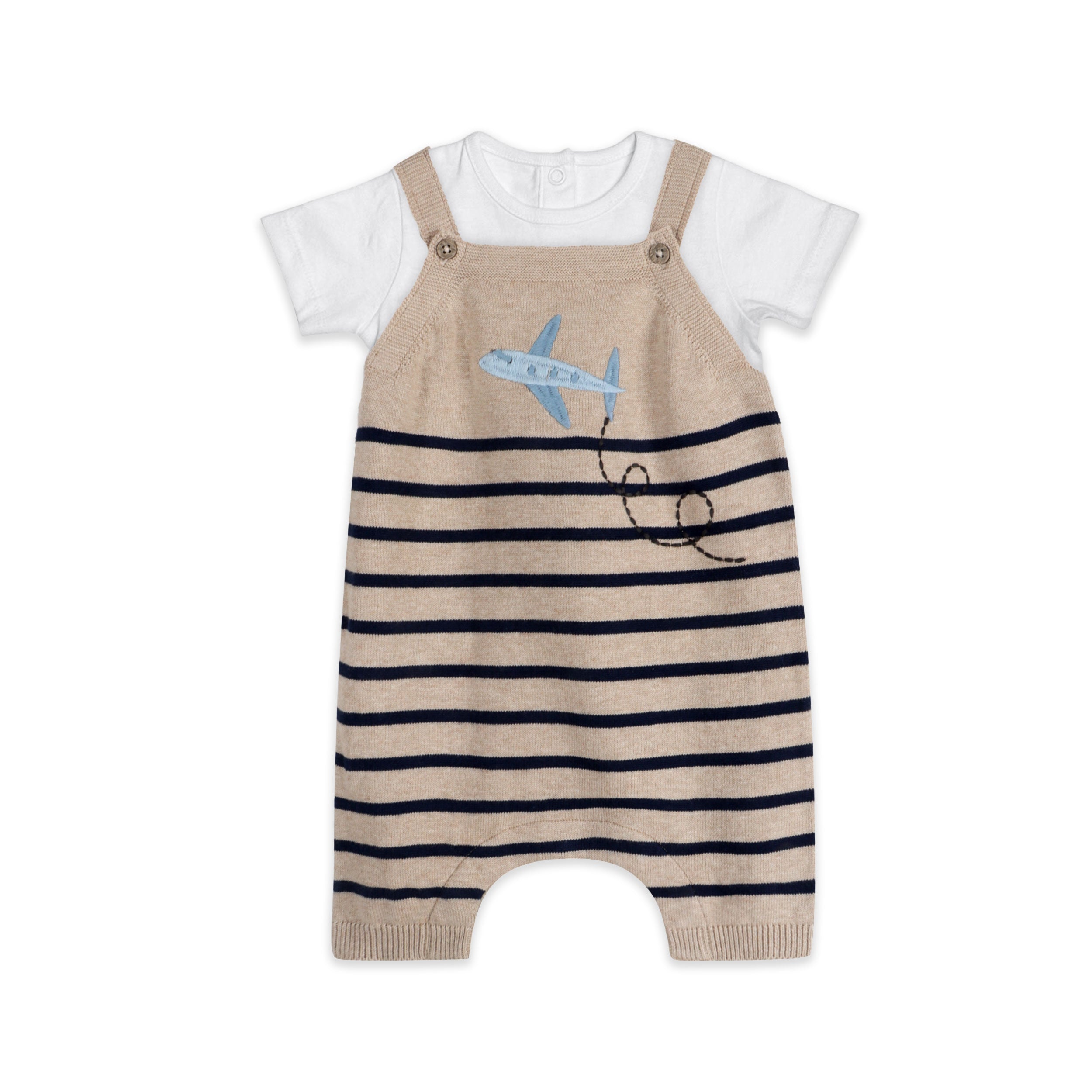 Airplane Stripe Embroidered Baby Knit Romper Set (Organic Cotton)