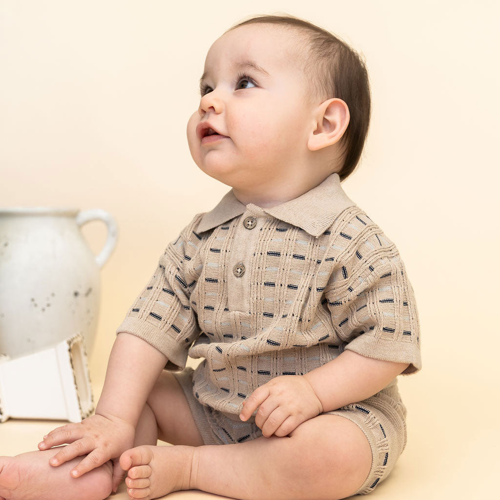 Henry Textured Baby Polo Sweater Shirt & Shorts Set (Organic Cotton) Model Sitting