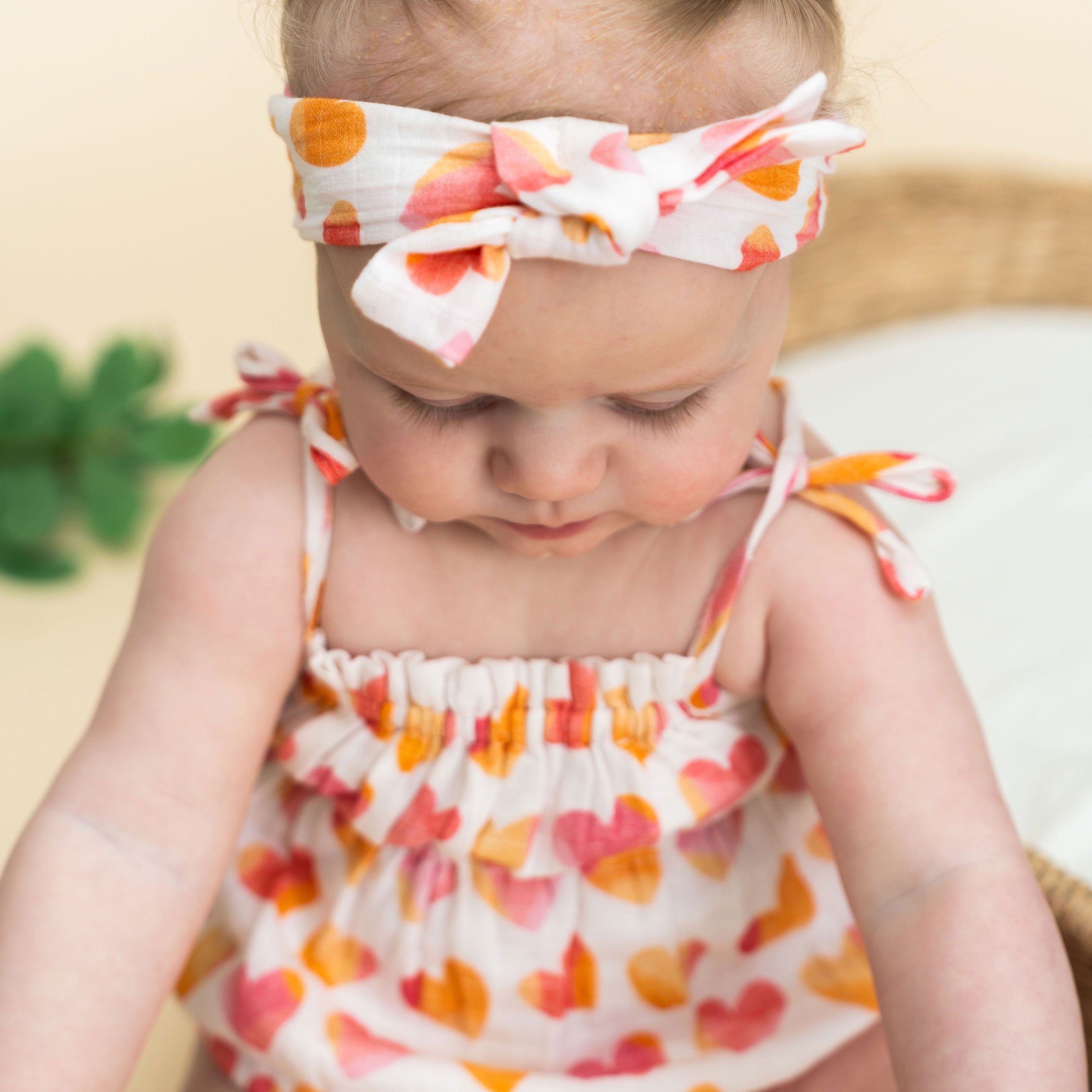 Hearts Shoulder Strap Baby Romper + Headband Model (Organic Muslin)