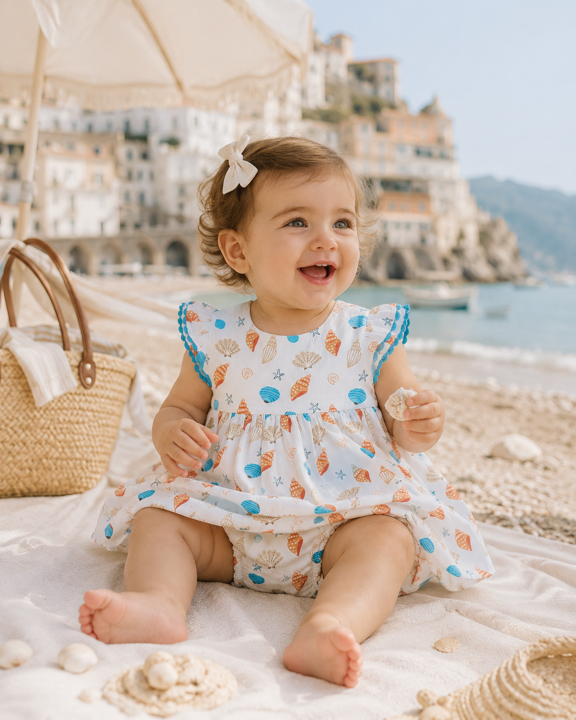 Baby Wearing Seashell Pocket Baby Dress and Bloomer, Organic Muslin by Viverano