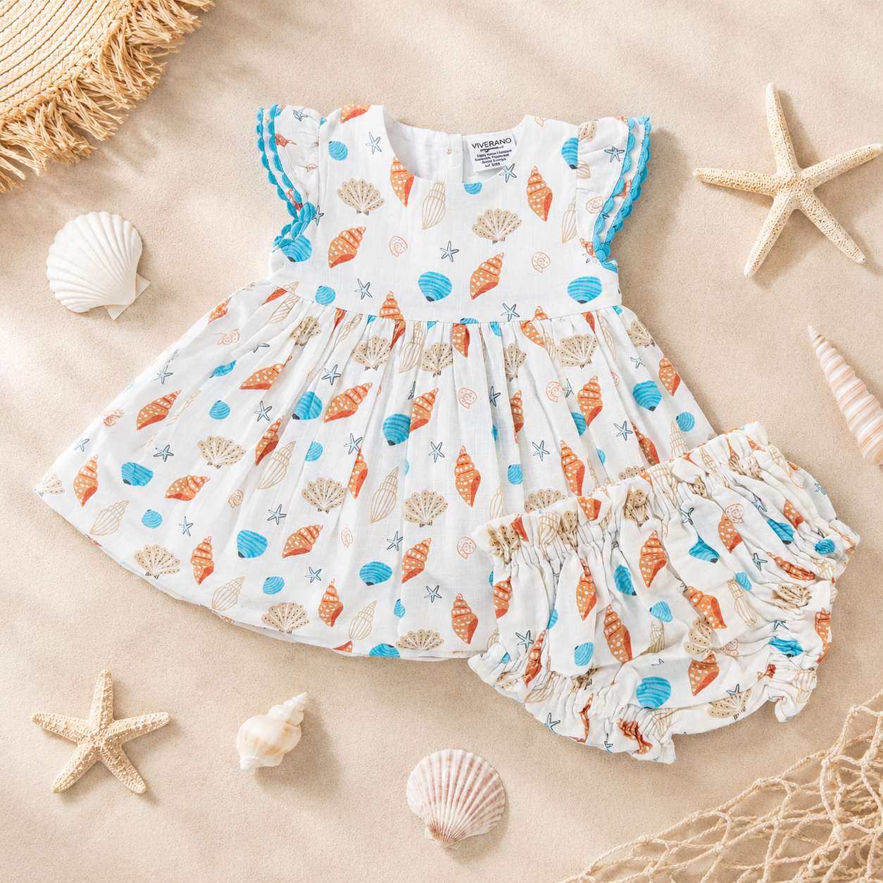 Seashell Pocket Baby Dress and Bloomer, Organic Muslin by Viverano