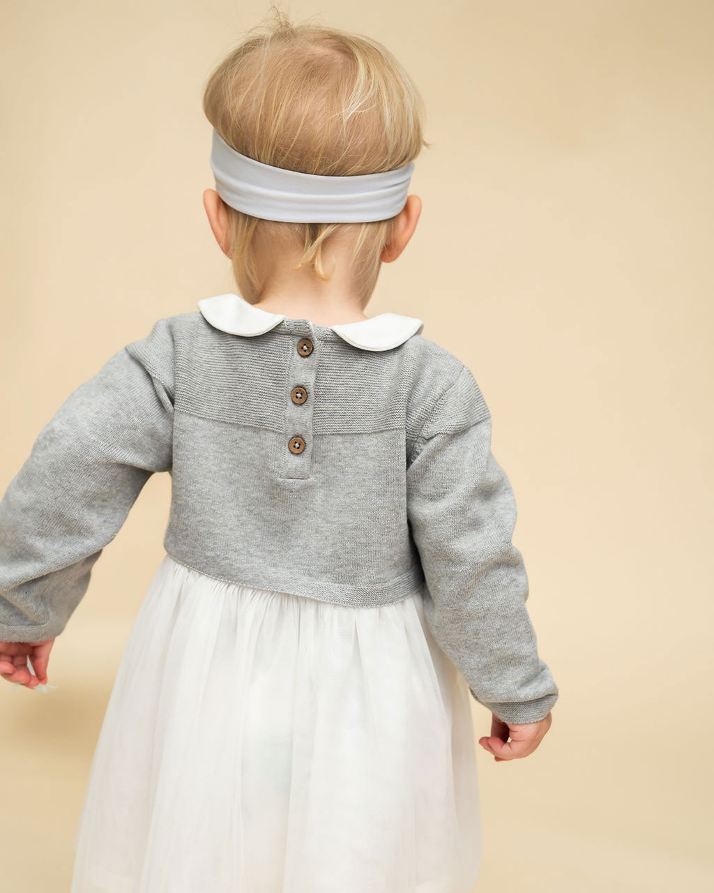 Milan Knit Baby Peter Pan Collar Tutu Dress (Organic Cotton) - Heather Grey Model Back