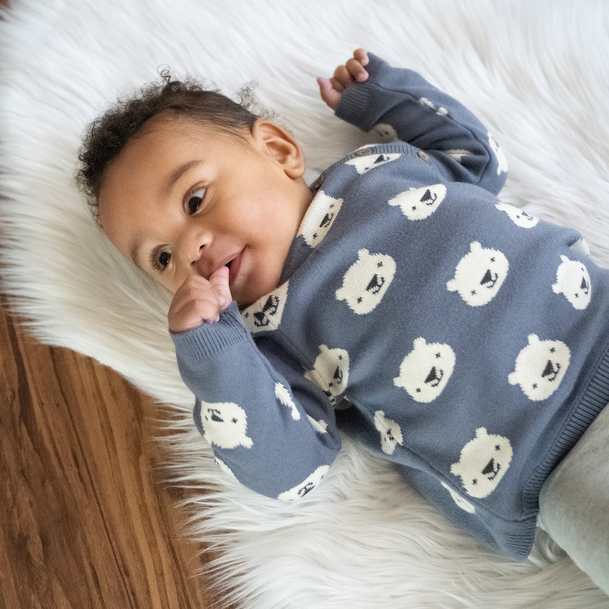 Cozy Bear Jacquard Knit Side Button Sweater (Organic Cotton)