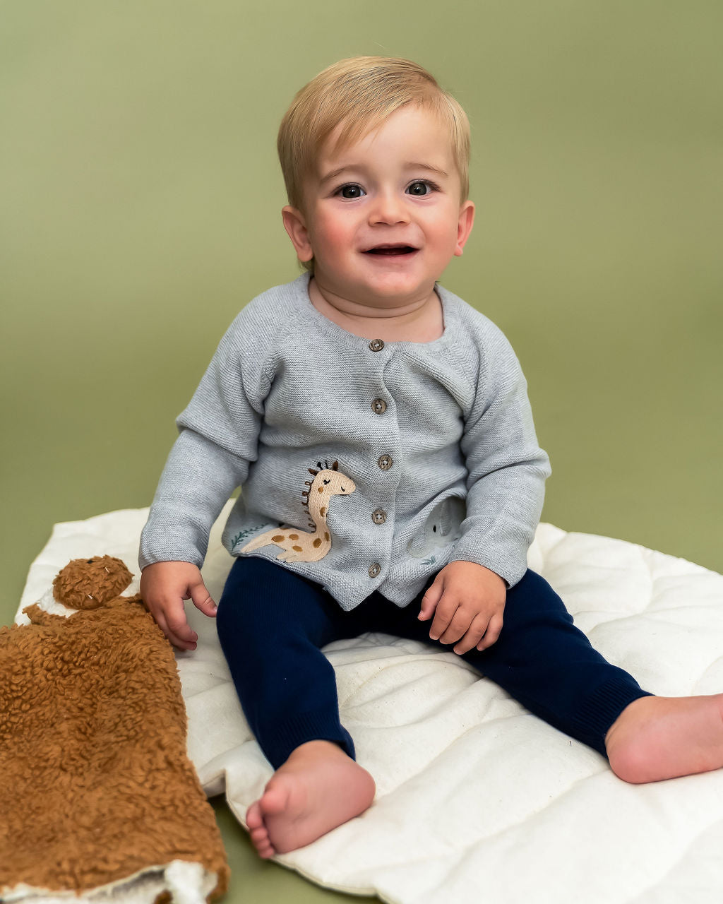 Animal Safari Embroidered Baby Cardigan Sweater (Organic) - Heather Grey Model