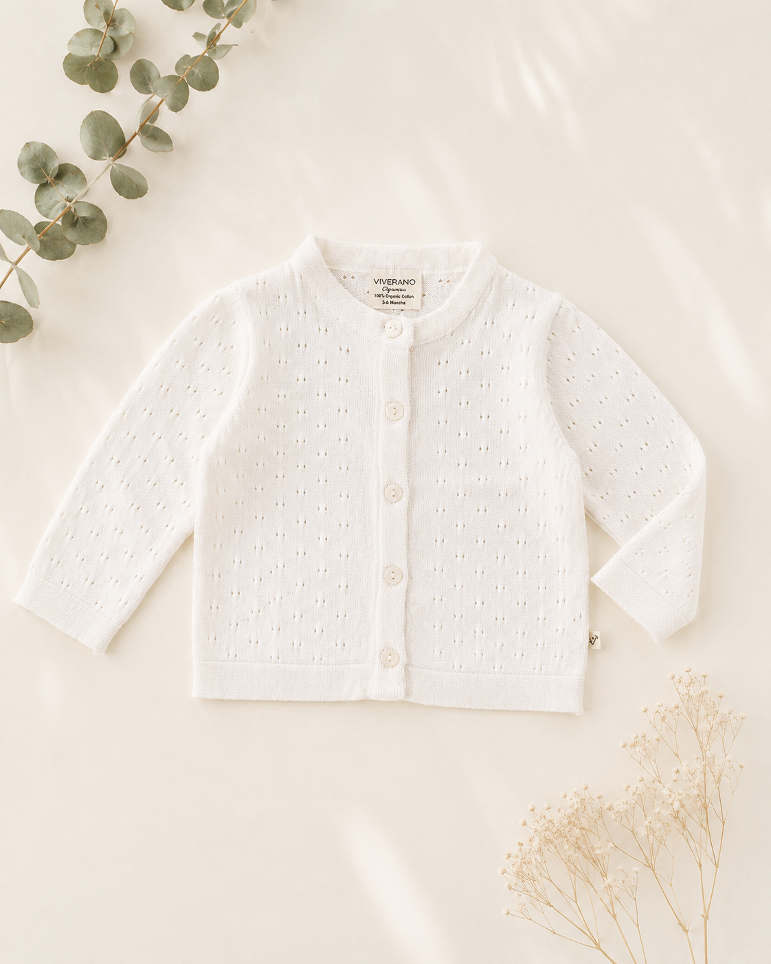 Organic Milan Dove White Pointelle Knit Baby Cardigan