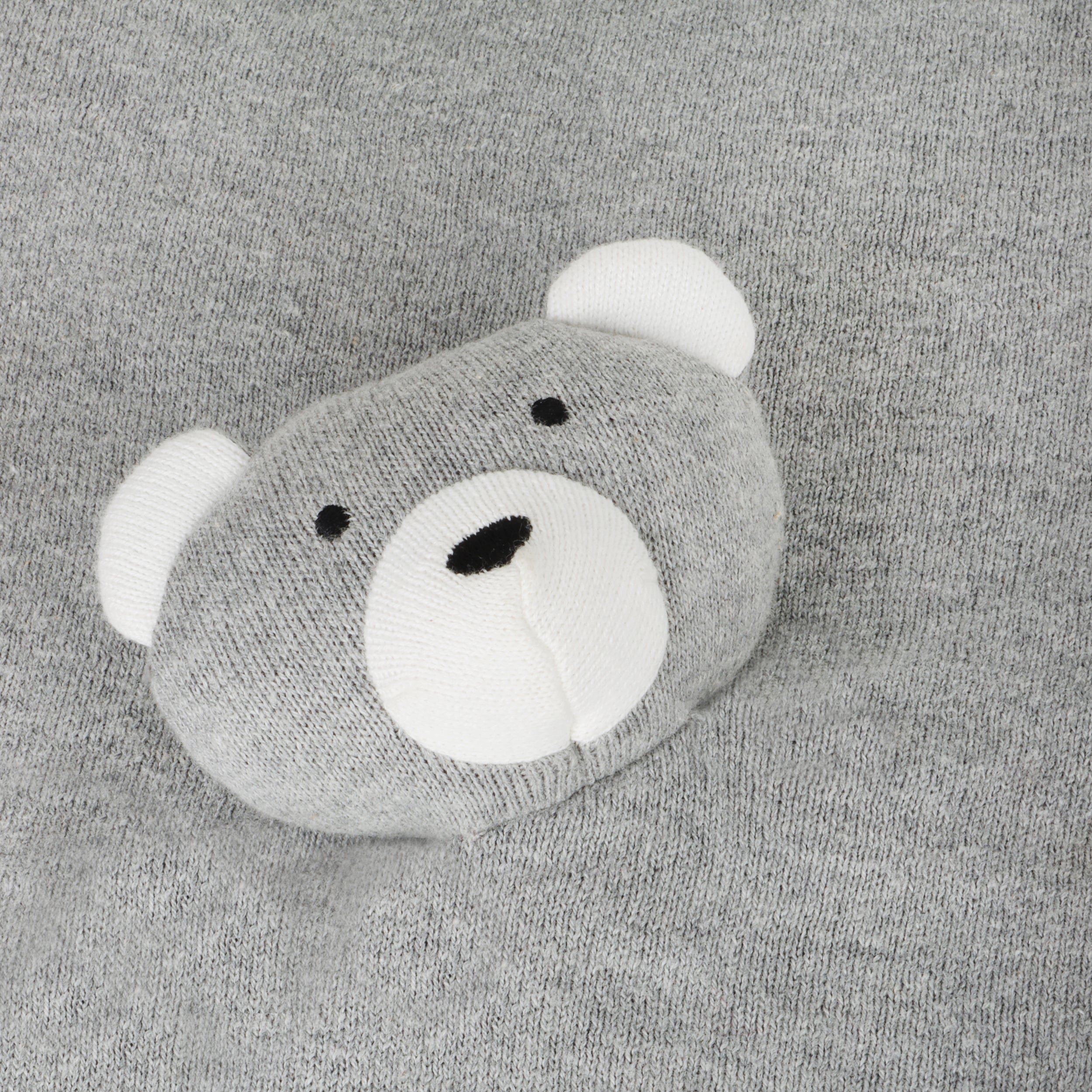 Viverano gray organic baby lovey blanket featuring a soft knitted teddy bear face detail