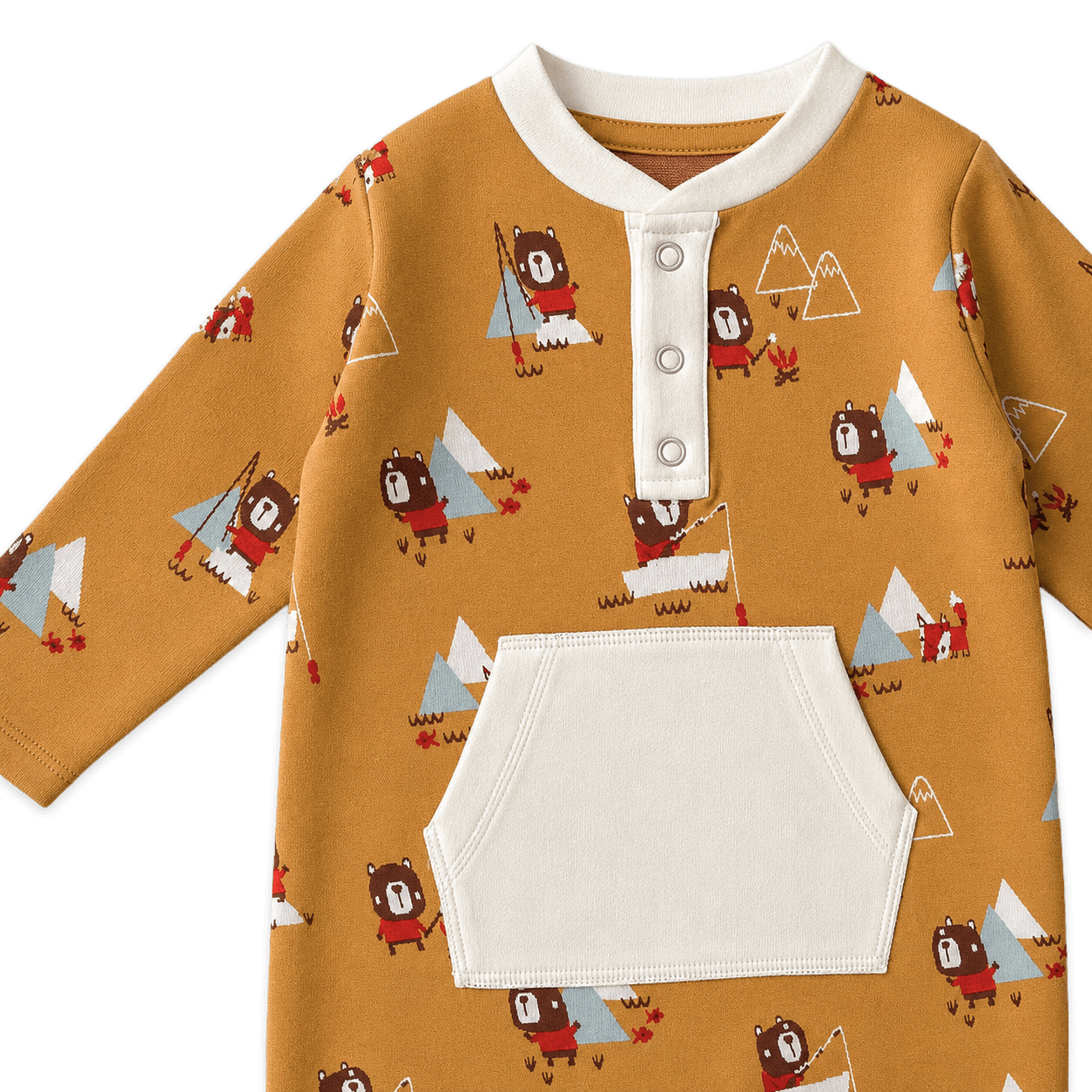 close up view of pocket on camping bear fox kangaroo jacquard baby jumpsuit