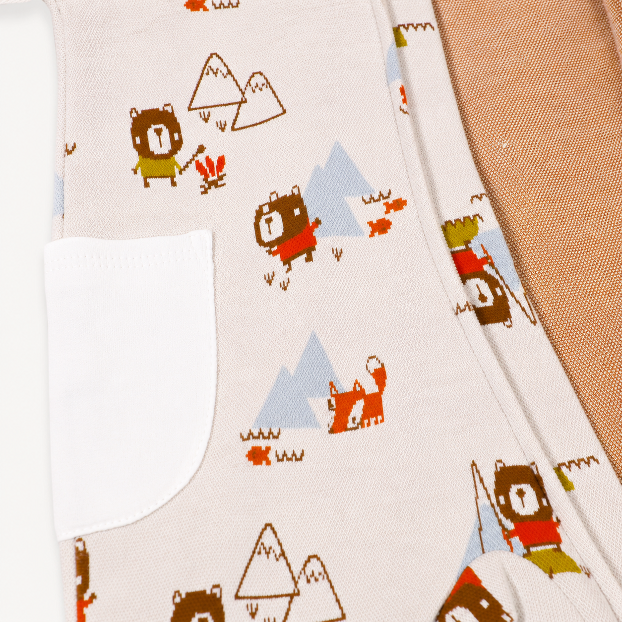 close up of Camping Bear & Fox Jacquard Zipper Hoodie Jumpsuit made with organic cotton