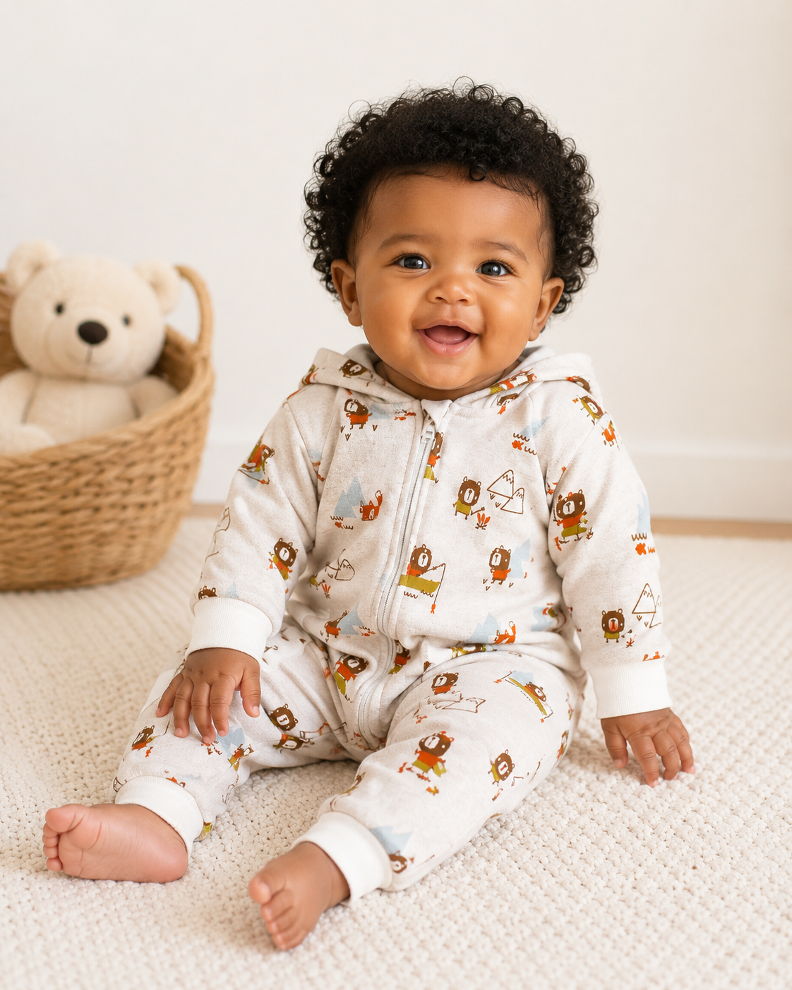 Baby Wearing Camping Bear and Fox Jacquard Zipper Hoodie Baby Romper, Organic Cotton by Viverano