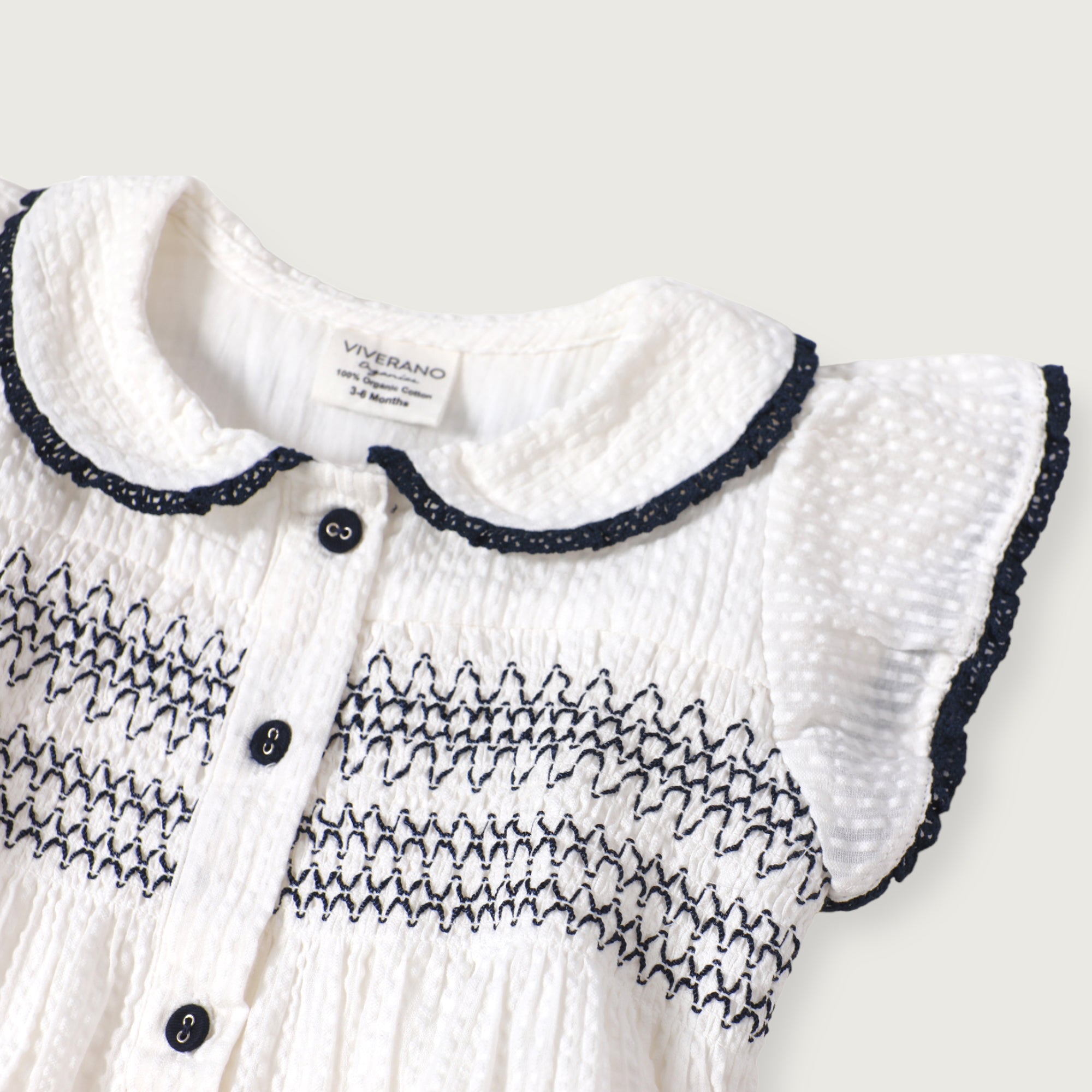 Celine White Seersucker Smocked Baby Dress + Bloomer (Organic Cotton)