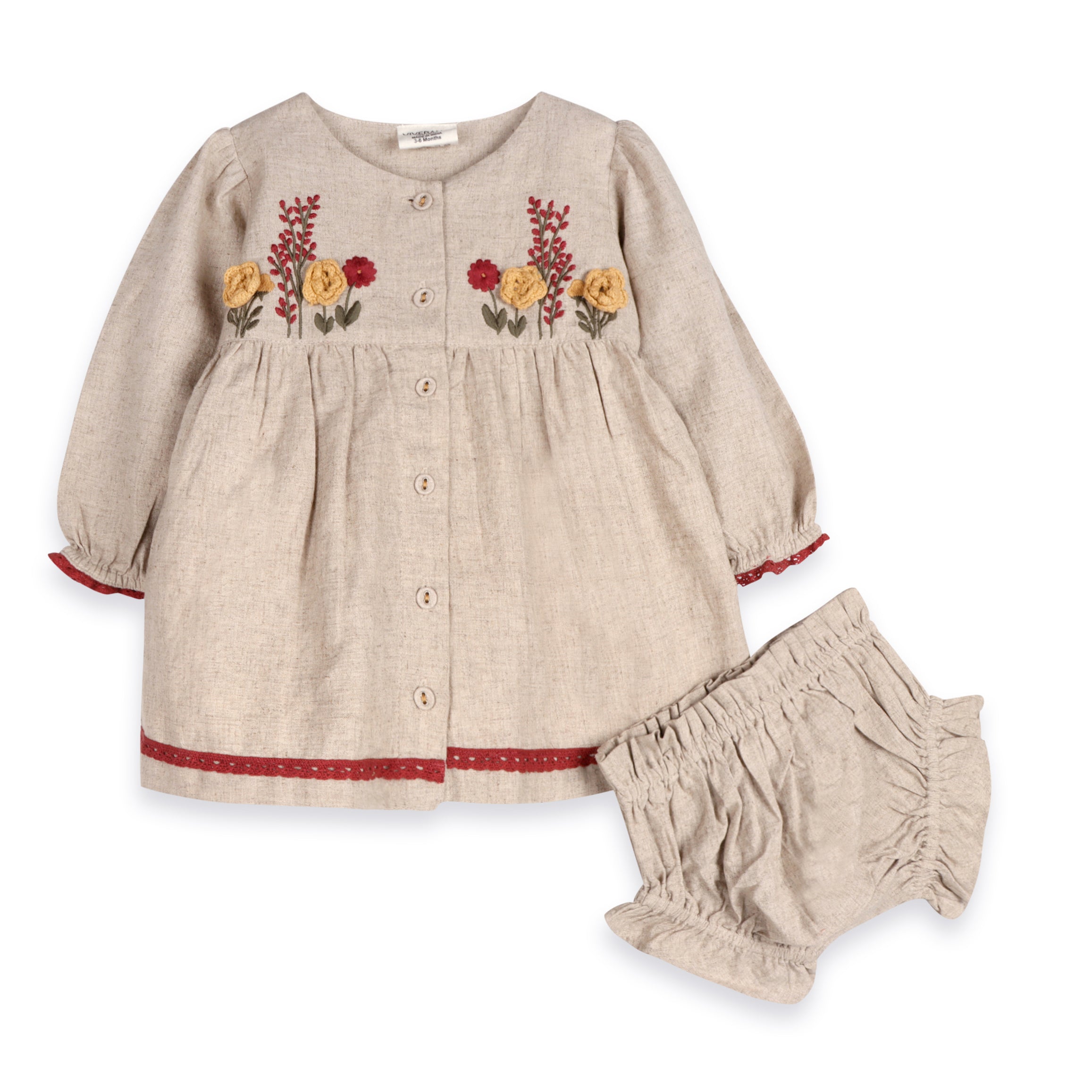 Ravello Linen Embroidered Baby Dress & Bloomer Set (Linen Blend)