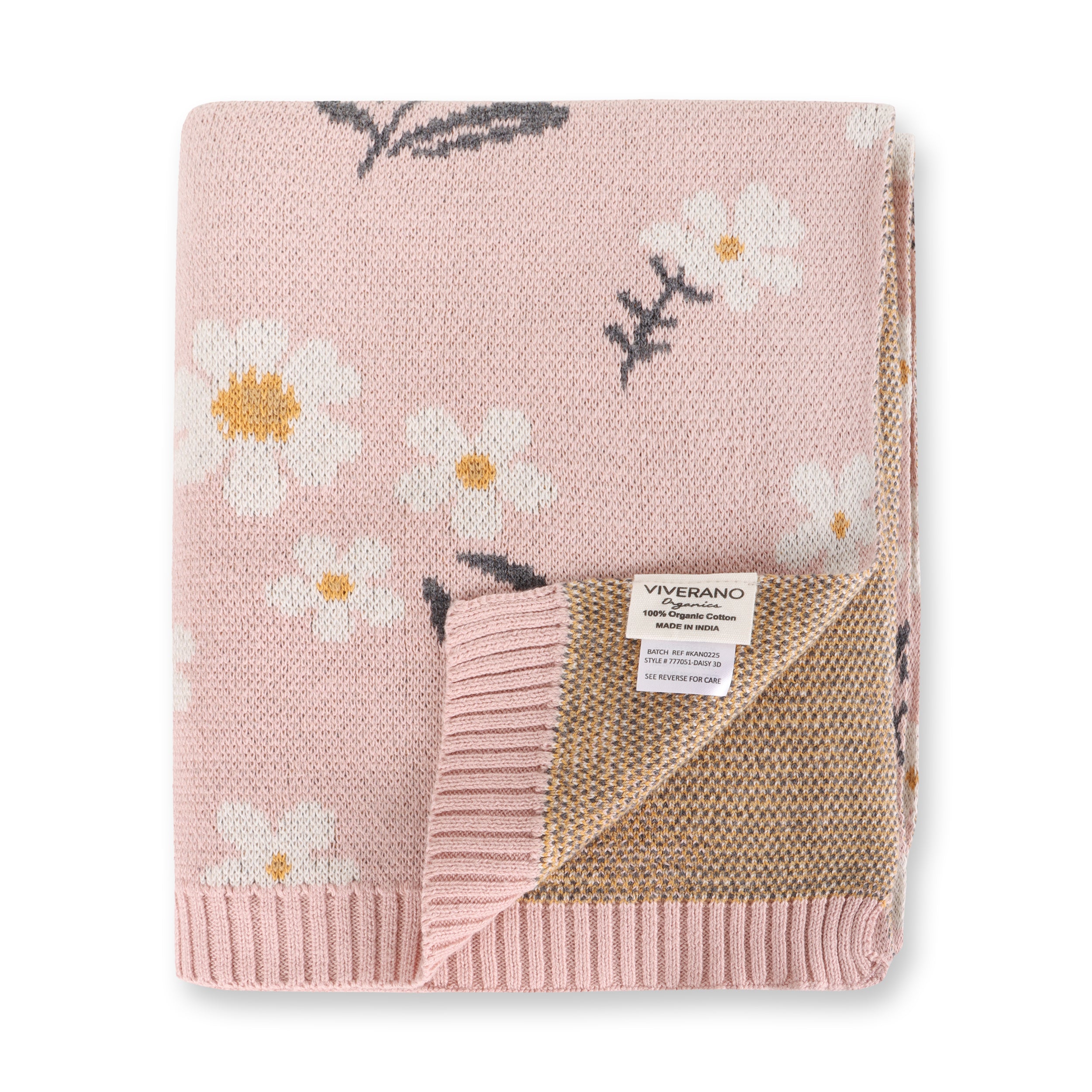 Daisy Flower Jacquard Sweater Knit Reversible Organic Cotton Baby Blankets by Viverano