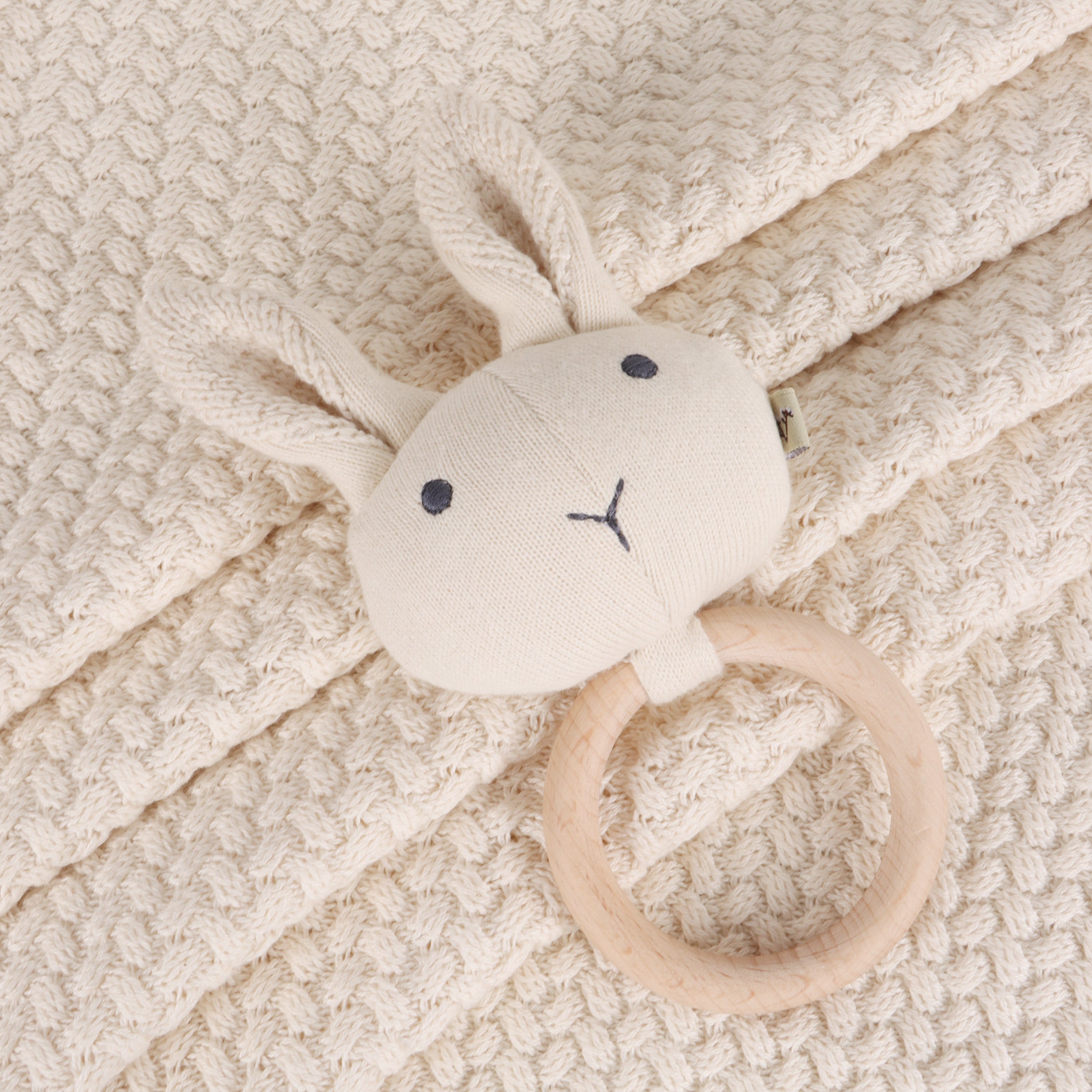 Classic Moss Knit Baby Blanket + Bunny Rattle Gift Set (Organic Cotton)