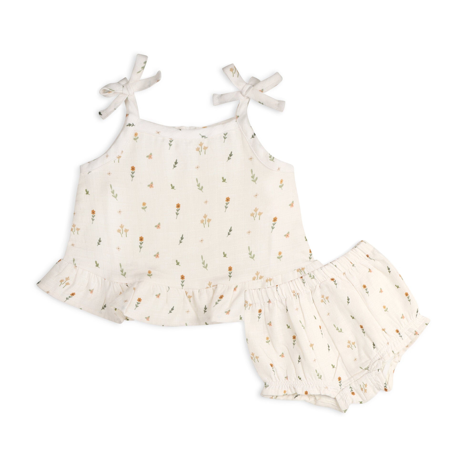 Boho Floral Shoulder Tie Shirt Top & Bloomer Set (Organic Muslin)