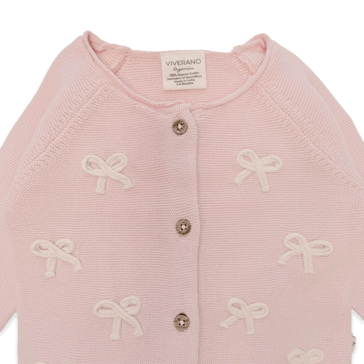 Viverano Organics pink baby cardigan with white bow embroidery and wooden buttons for newborns