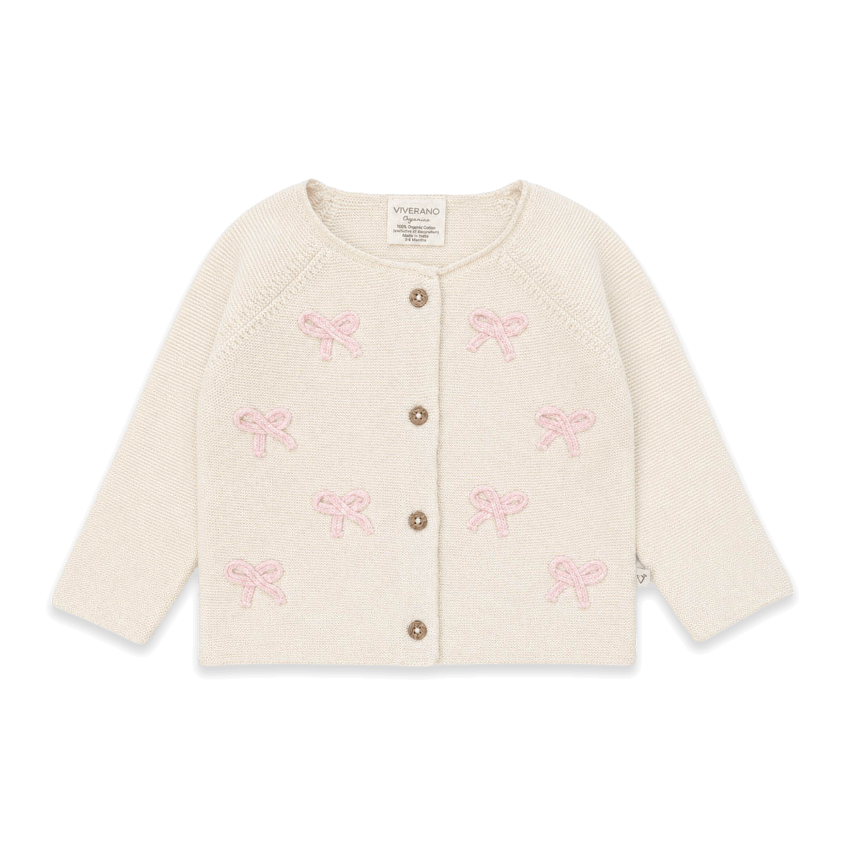 Viverano Organics cream baby cardigan with pink bow embroidery and brown buttons