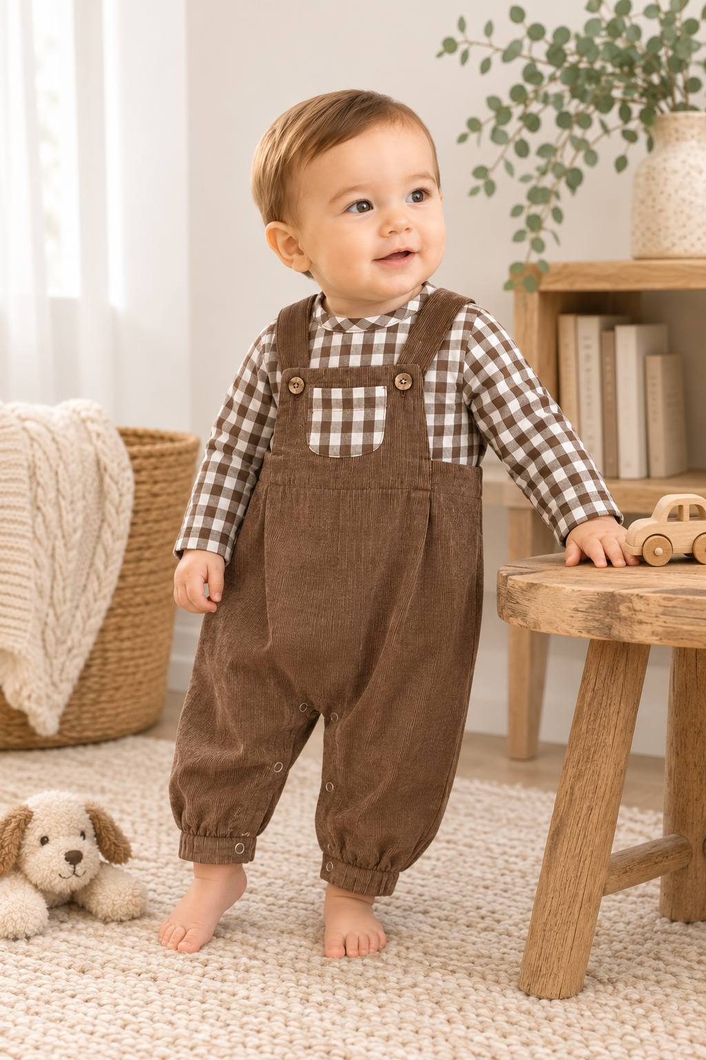 Baby Boy Wearing Gingham Muslin Shirt and Corduroy Baby Overall Set, Organic