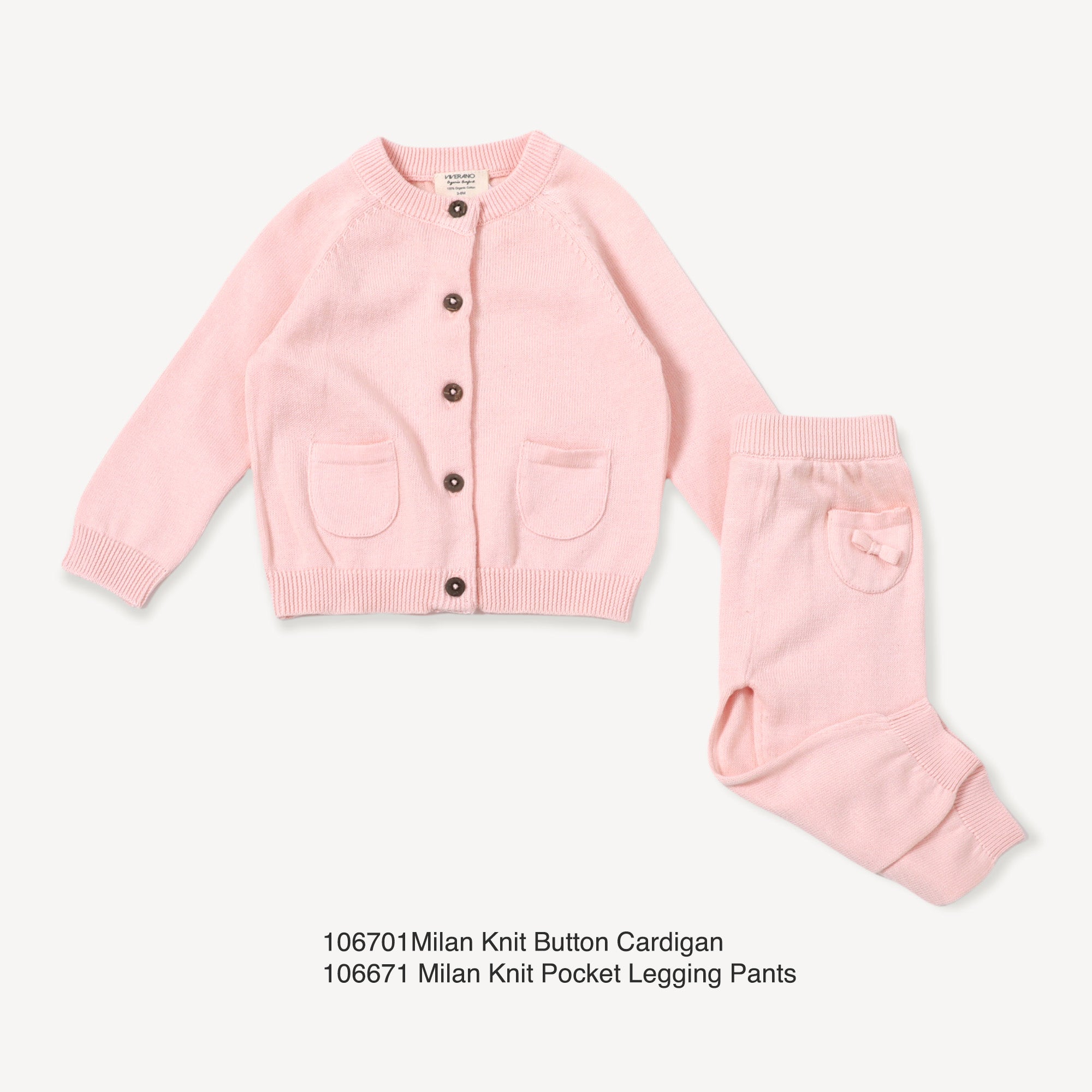 Blush Milan Knit Baby Pocket Pants (Organic Cotton) with matching pink button cardigan
