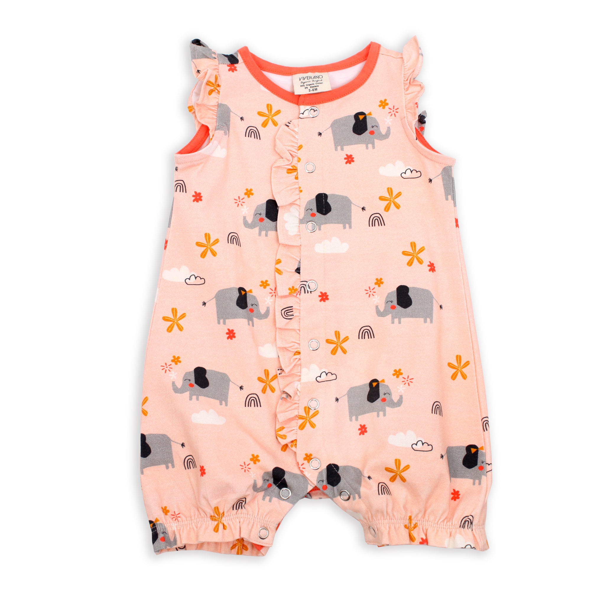 Organic Elephant Ruffled Baby Girl Short Romper - Viverano