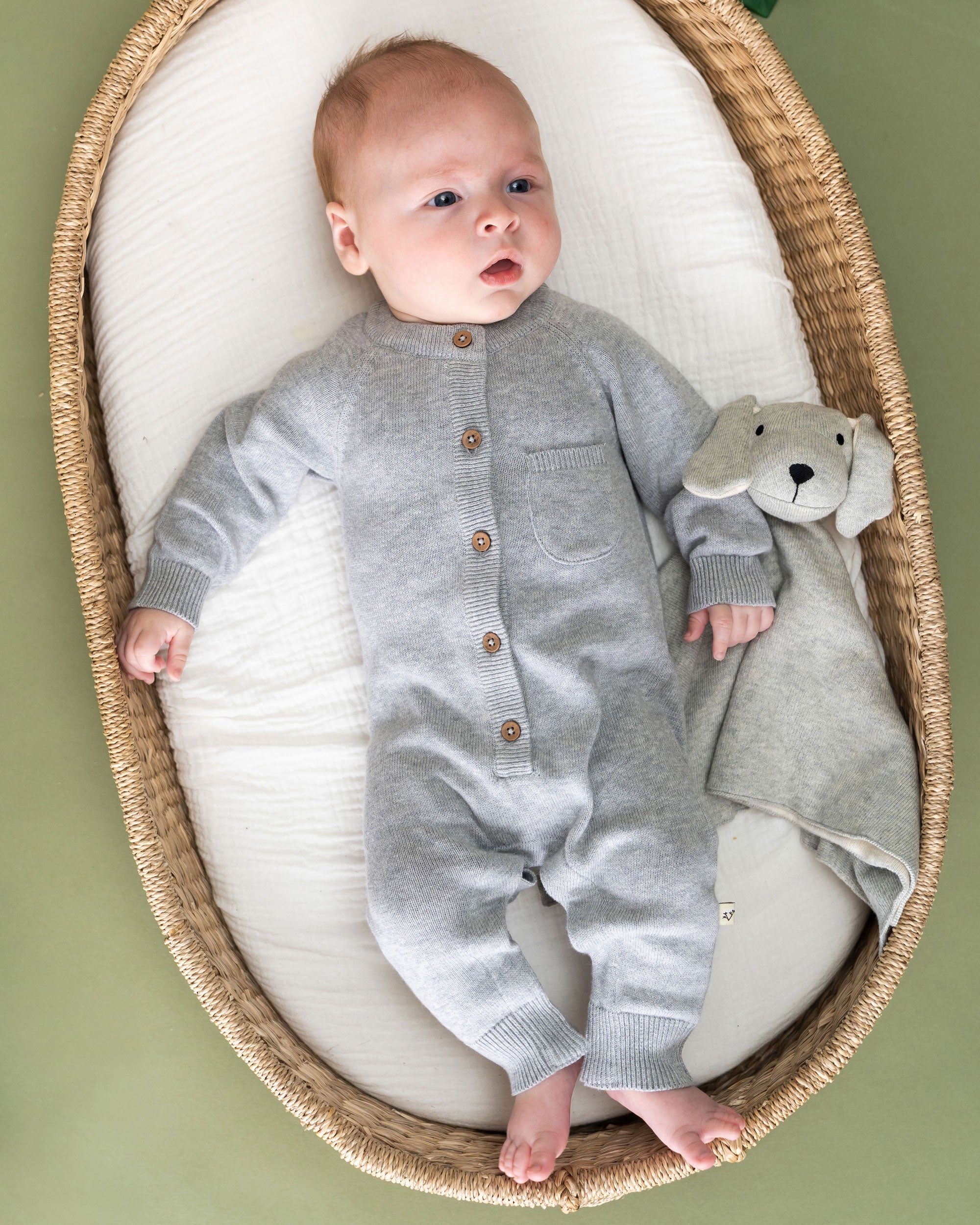 Milan Knit Organic Cotton Baby Pocket Jumpsuit Heather Grey Model