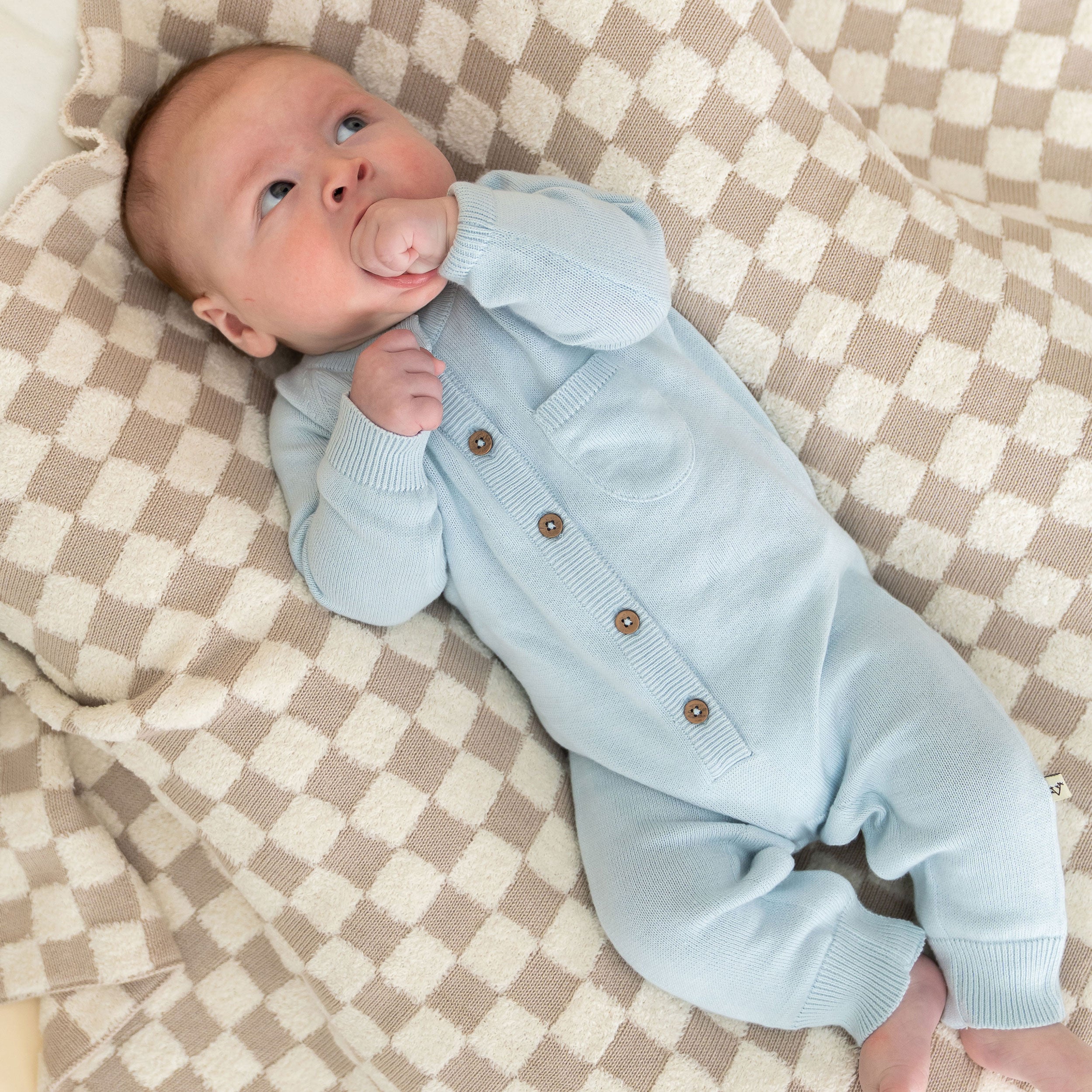 Milan Knit Organic Cotton Baby Pocket Jumpsuit Sky Blue Model