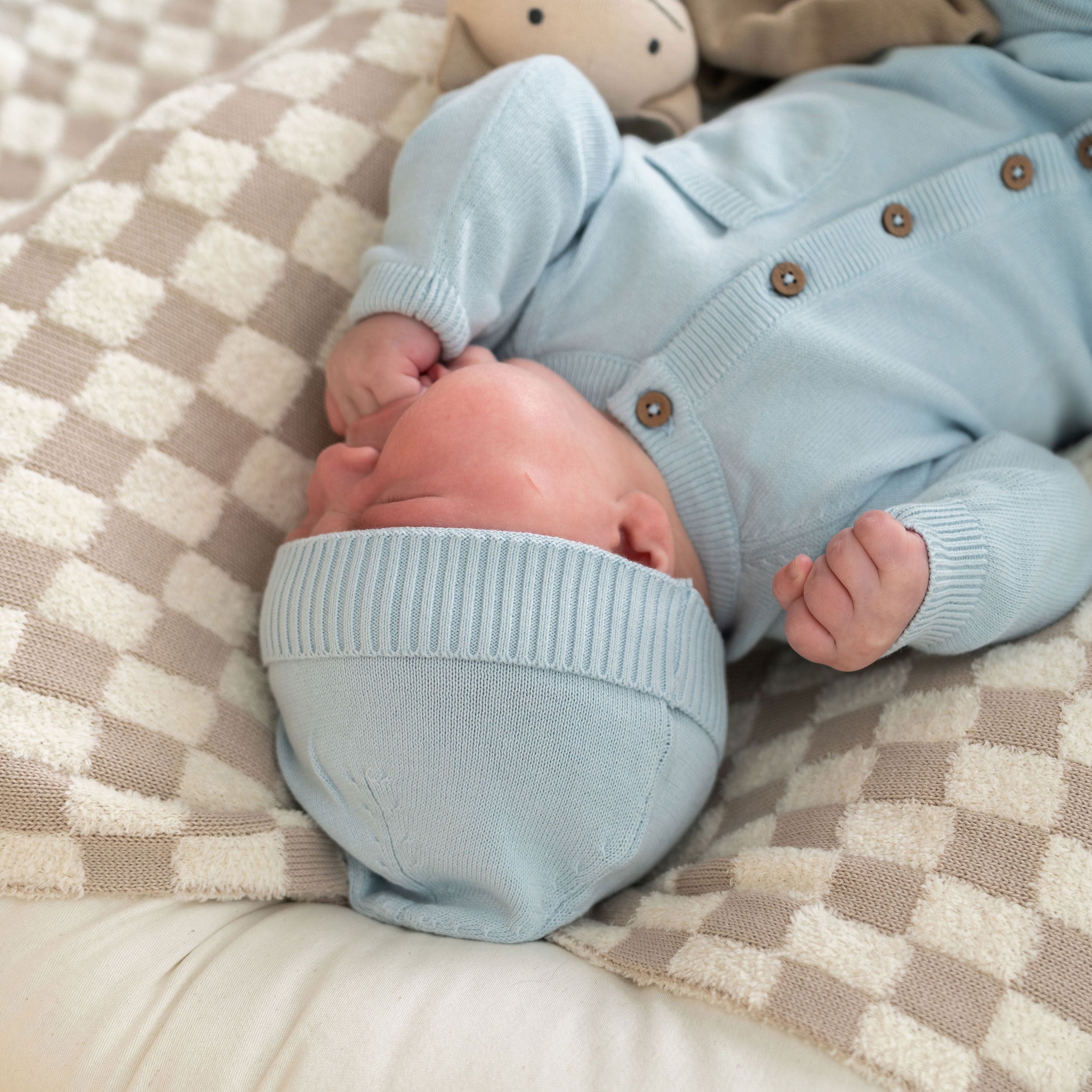 Milan Knit Organic Cotton Baby Pocket Jumpsuit Sky Blue with Hat