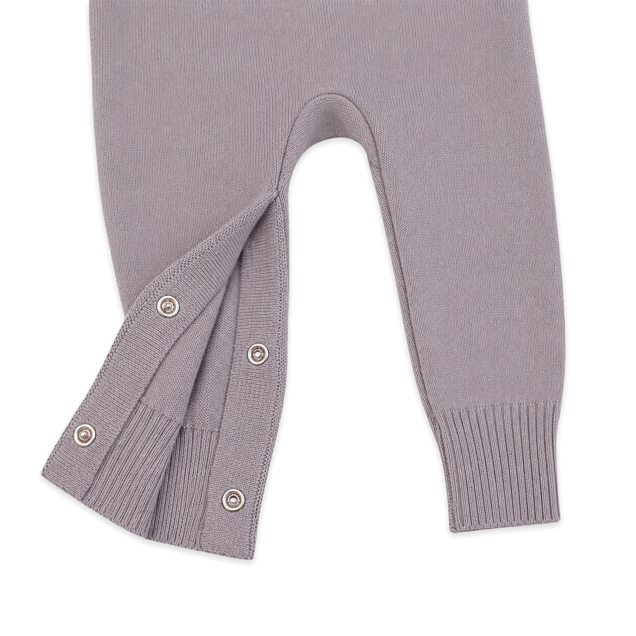Close up of snaps on Viverano Milan Soft Organic Knit Grey Coverall Onesie for Babies- Baby Shower Gifts
