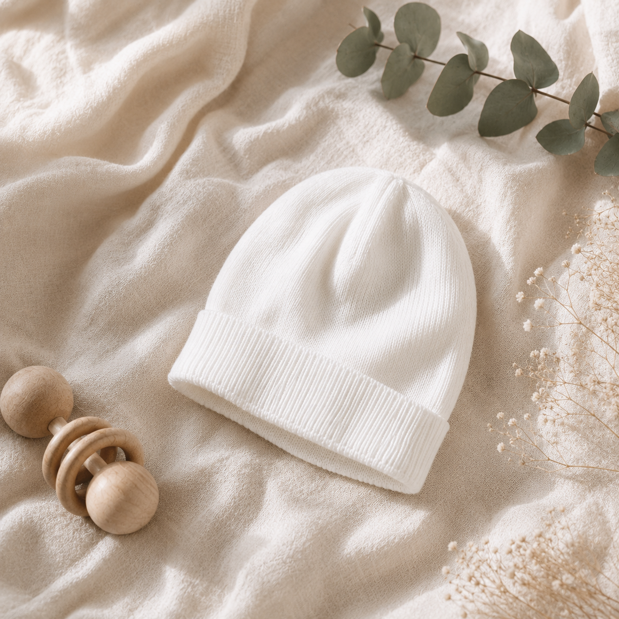 Milan Dove White Round Hat Sweater Knit Baby Beanie Hat, Organic Cotton