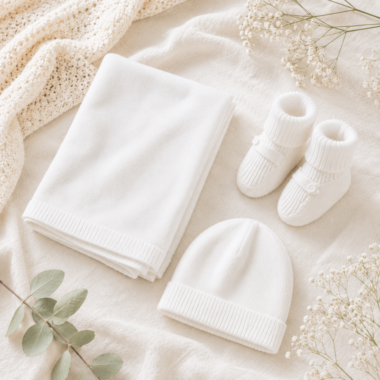 Milan Dove White Sweater Knit Baby Booties Shoes With Matching Organic Cotton Blanket and Hat