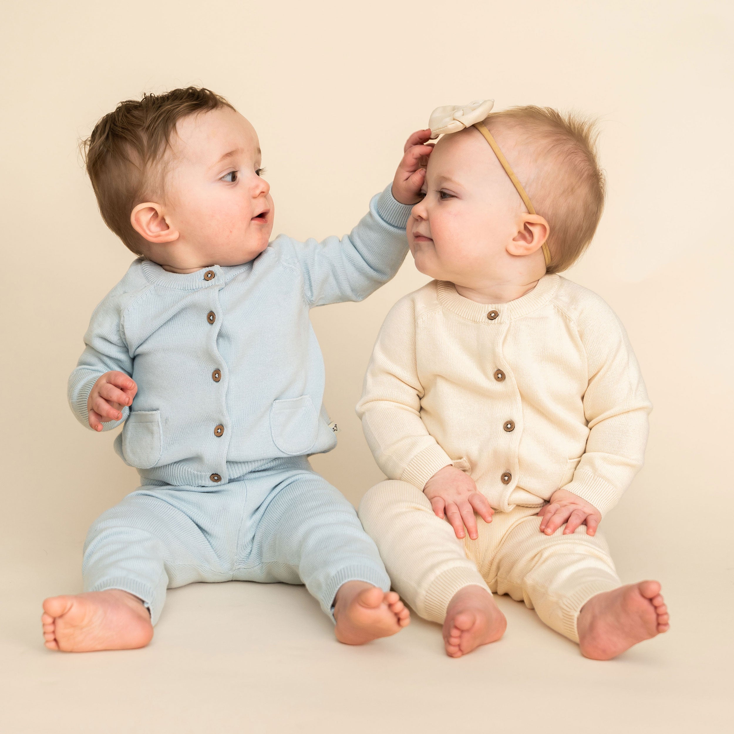 Milan Knit Baby Pocket Pants (Organic Cotton) Models Wearing Sky Blue & Cream Sets