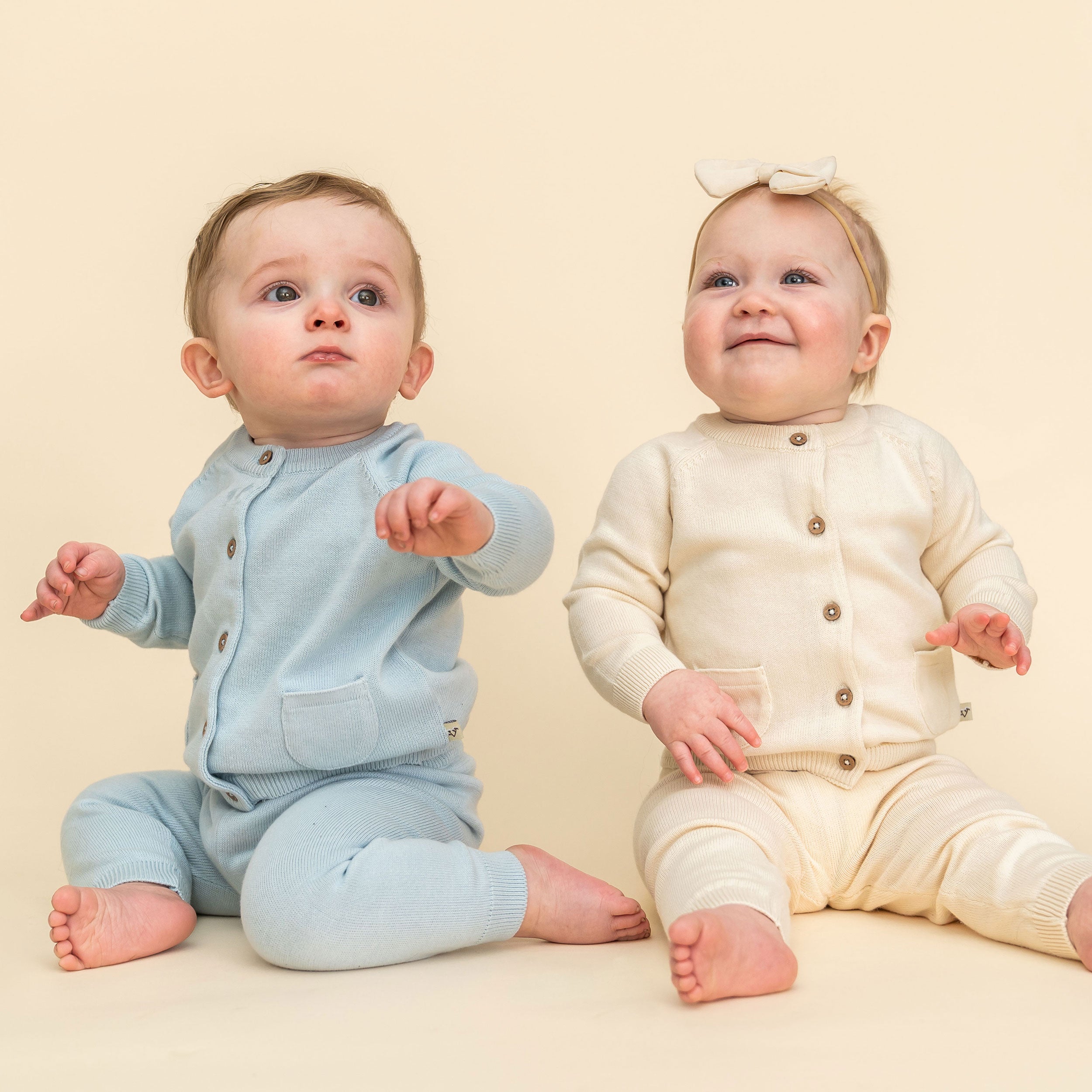 Milan Knit Baby Button Cardigan Sweaters in Sky Blue and Cream outfitted with Milan Knit Pocket Pants