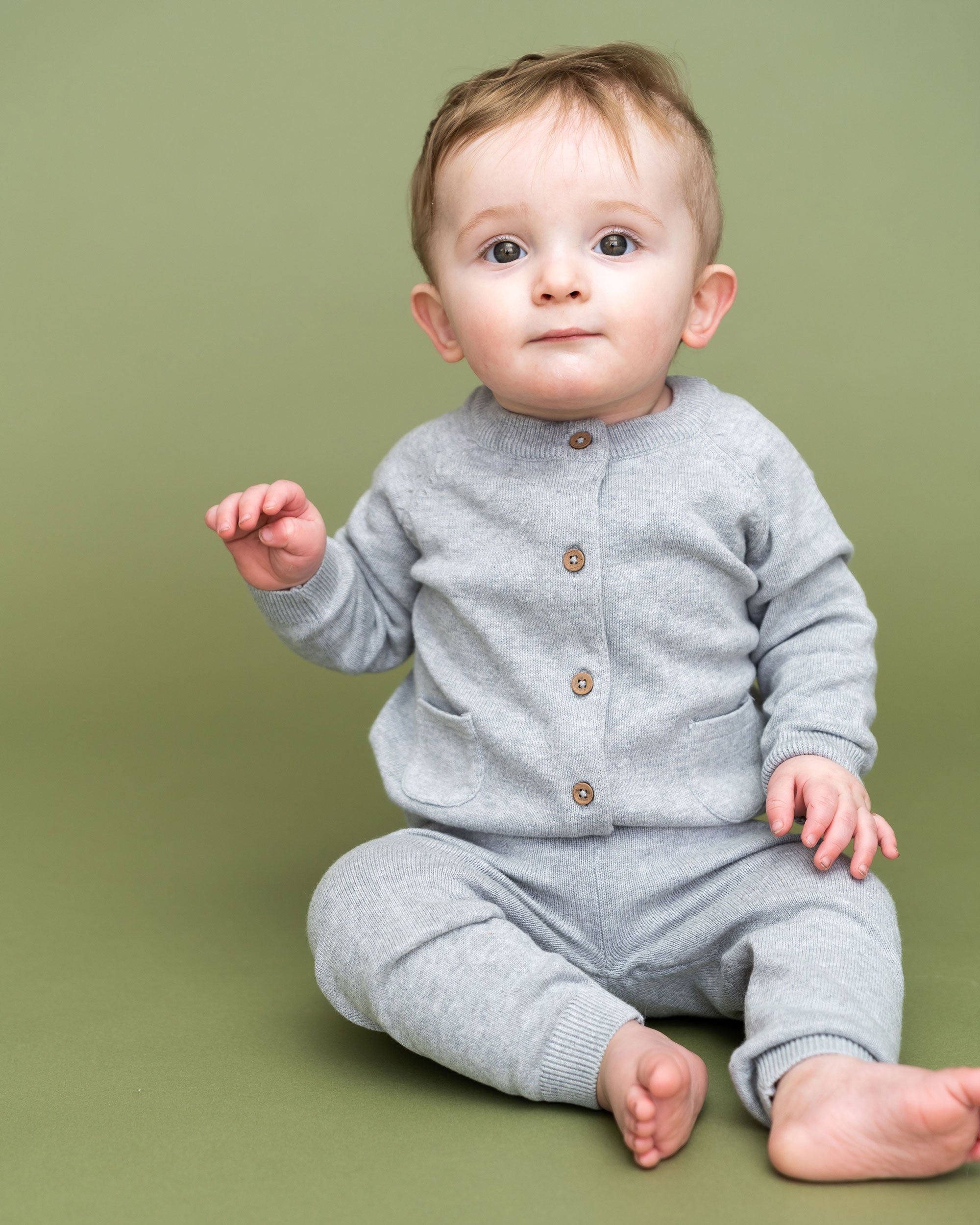 Heather Grey Milan Knit Baby Pocket Pants (Organic Cotton) Model Outfit Set