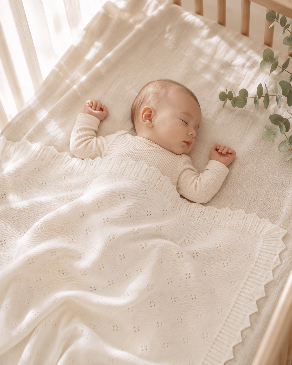 Sleeping Baby With Milan Dove White Classic Pointelle Knit Baby Blanket, Organic Cotton