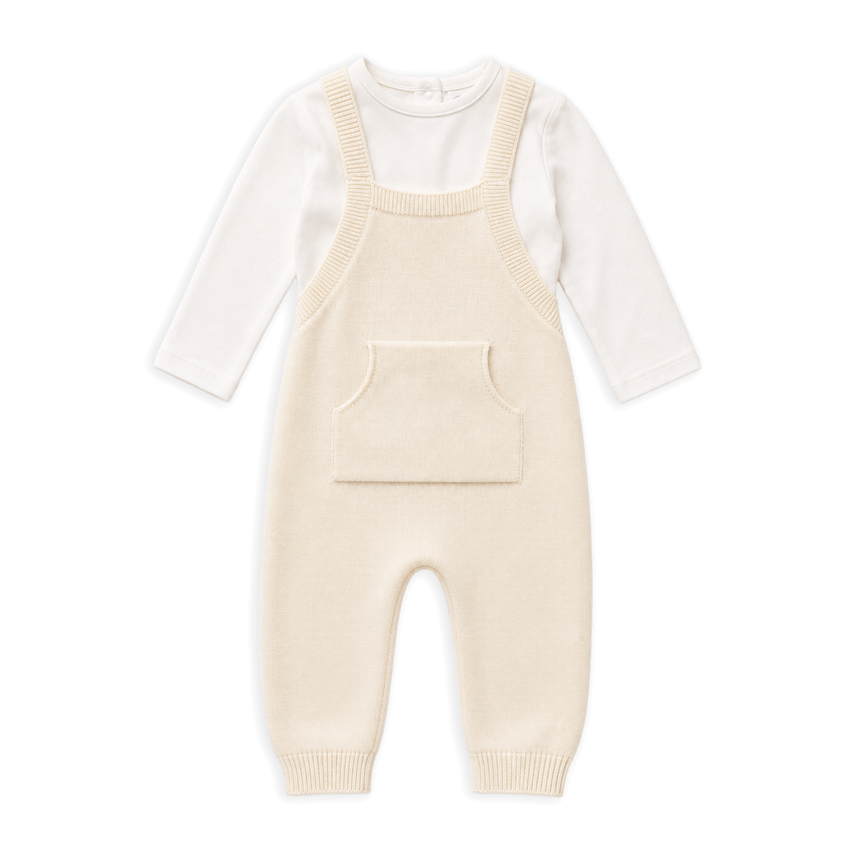 Milan Knit Kangaroo Pocket Overall Romper and Bodysuit Set, Cream