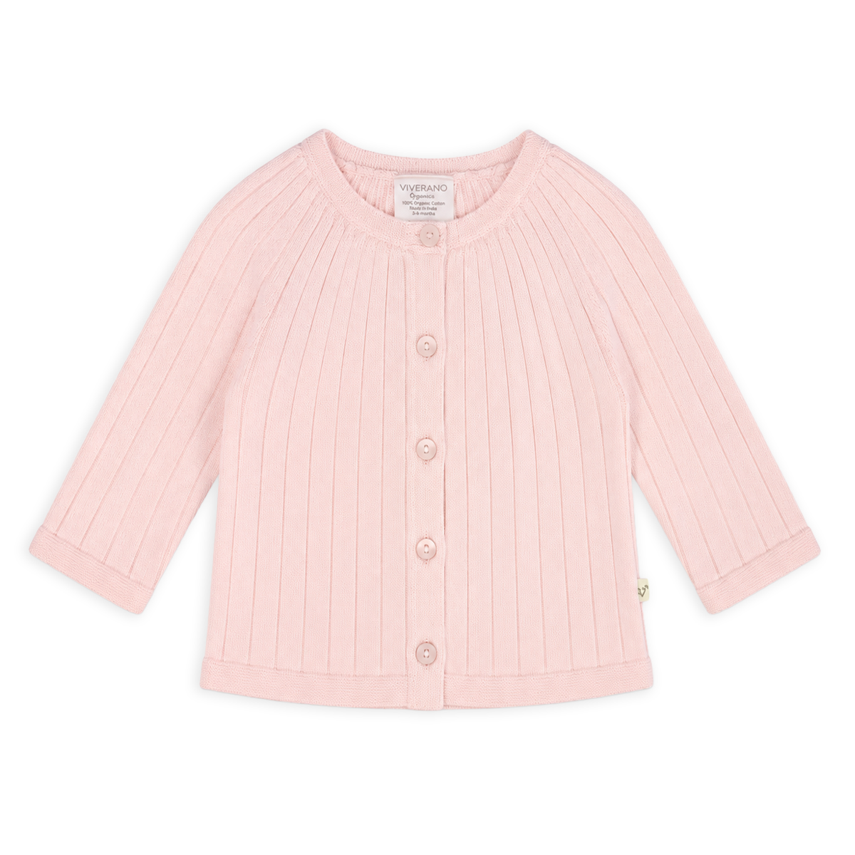 front of milan organic knit baby girl rib cardigan in color blush made with organic cotton
