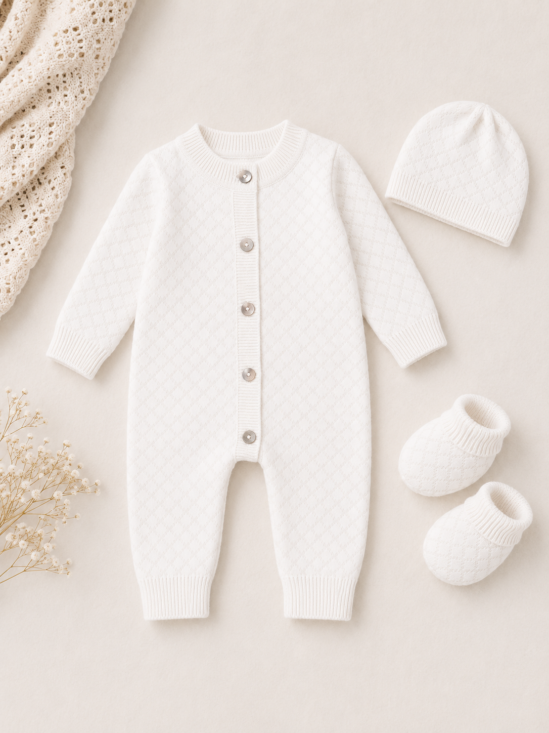Milan Dove White Lux Jacquard Knit Baby Jumpsuit, Hat, and Bootie 3pc Set, Organic Cotton