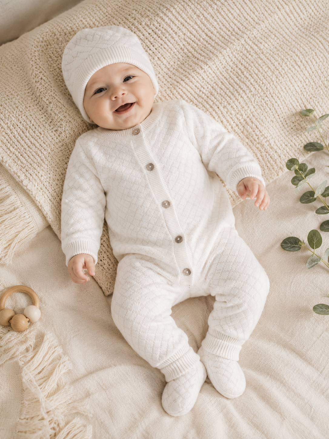 Baby Wearing Milan Dove White Lux Jacquard Knit Baby Jumpsuit, Hat, and Bootie 3pc Set, Organic Cotton