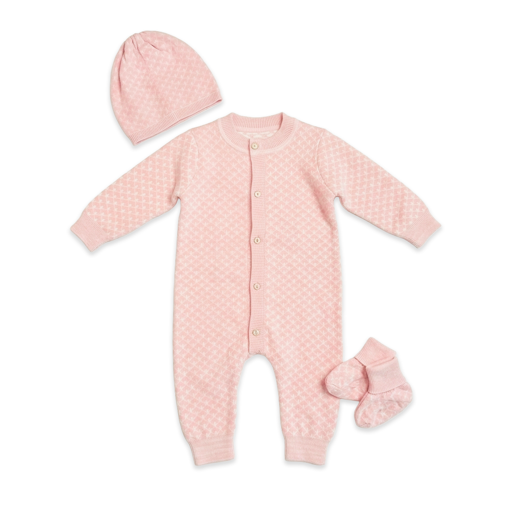 Milan Knit Baby Jacquard Jumpsuit, Hat, Booties 3pc SET (Organic Cotton) - Blush Pink