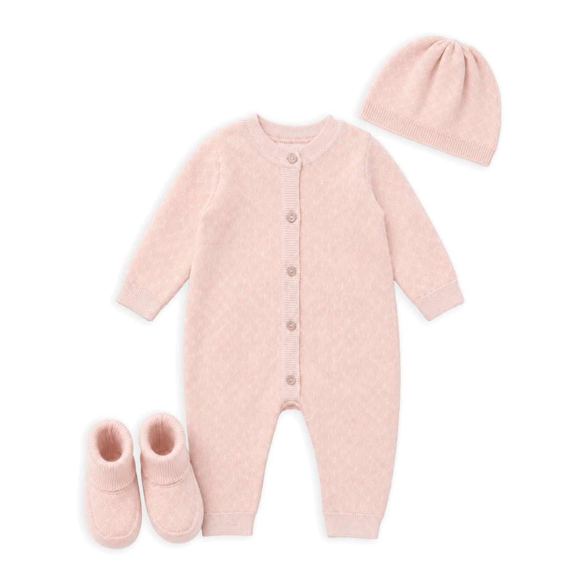 Organic Cotton Milan Knit Baby Jacquard Jumpsuit, Hat, and Booties 3pc Set, Blush