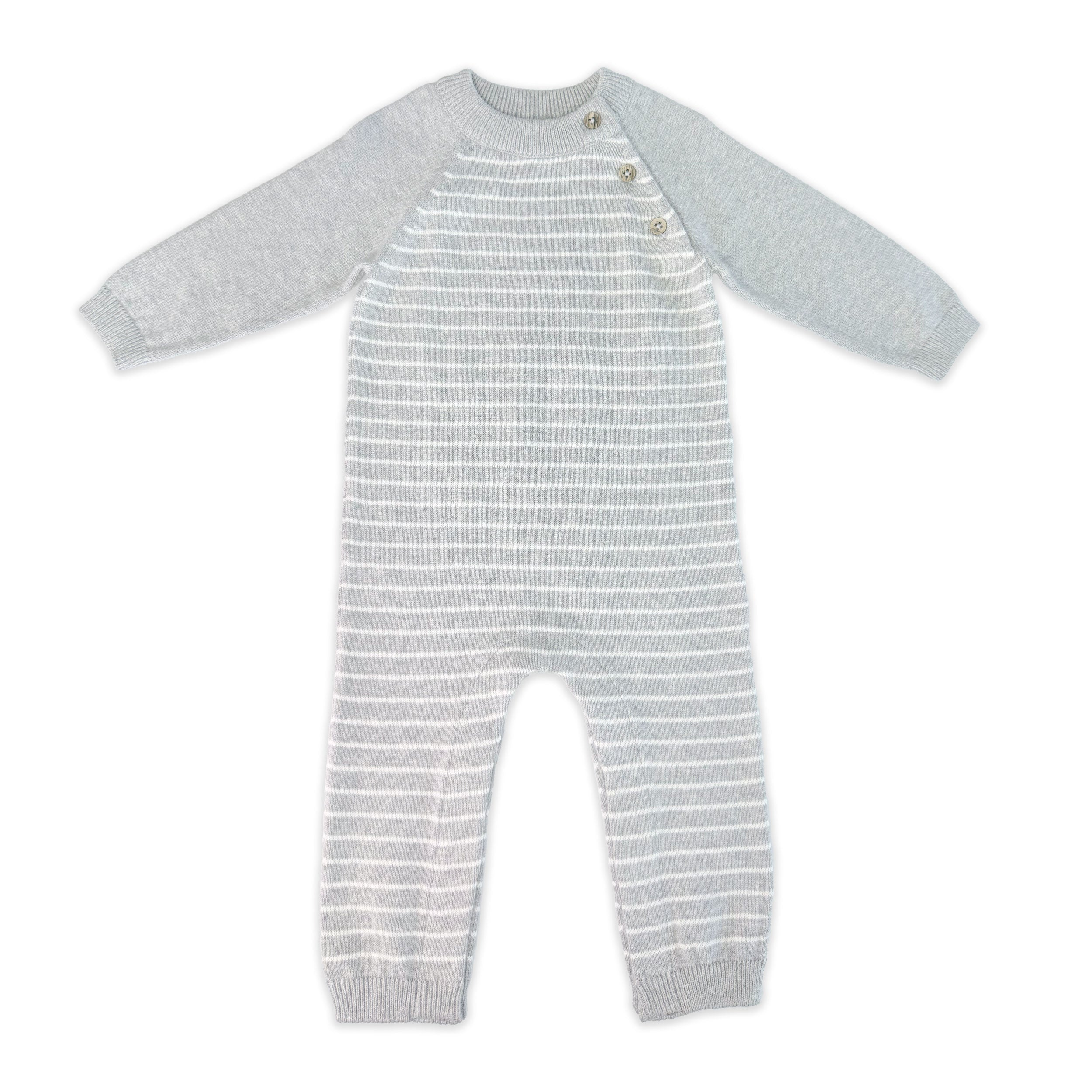 Heather Grey Milan Knit Baby Side Button Stripe Jumpsuit (Organic Cotton)