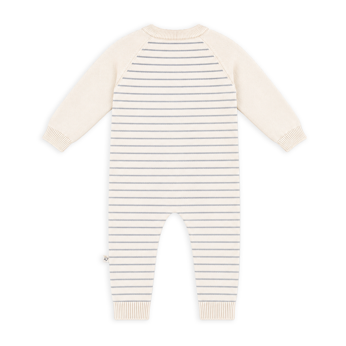 Back of Cream Milan Knit Baby Side Button Stripe Jumpsuit made of Organic Cotton