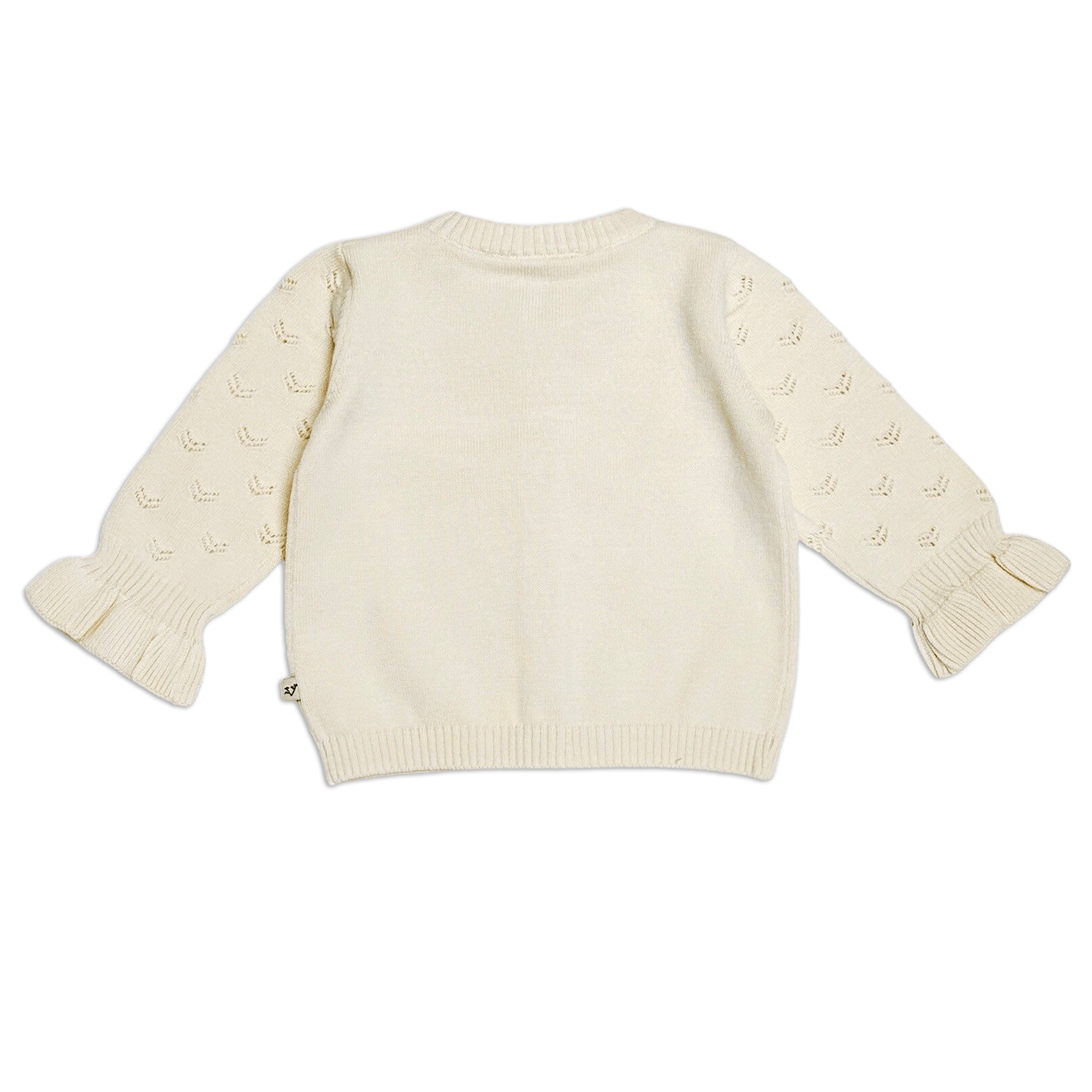 back of Milan Pointelle Knit Ruffle Baby Cardigan Sweater (Organic) 