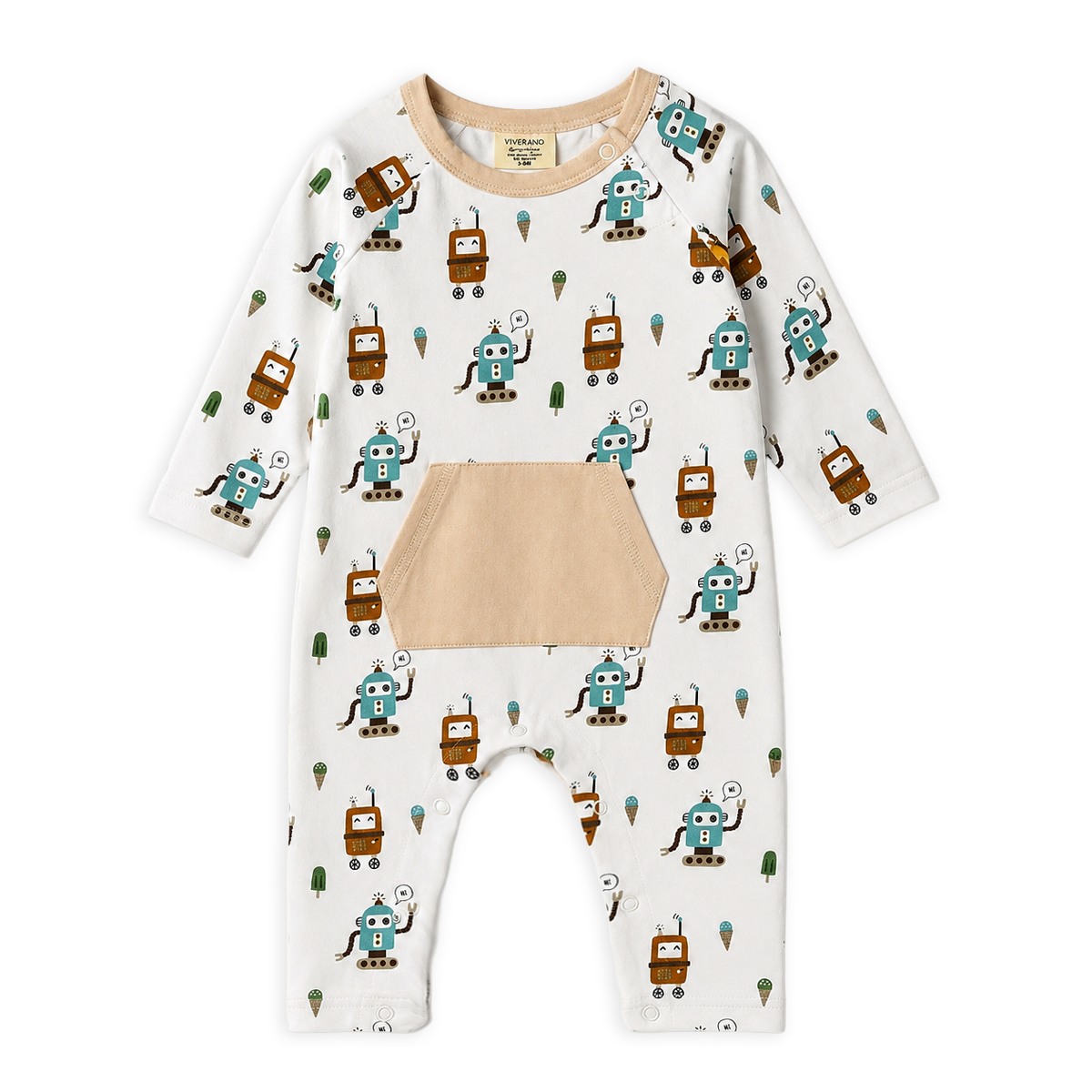 ice cream robots kangaroo pocket baby jumpsuit made of organic jersey