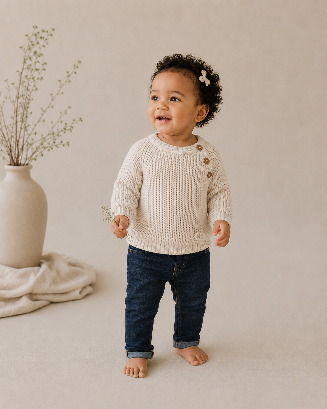 Baby Girl Wearing Classic Chunky Knit Baby Pullover Sweater, Organic Cotton by Viverano